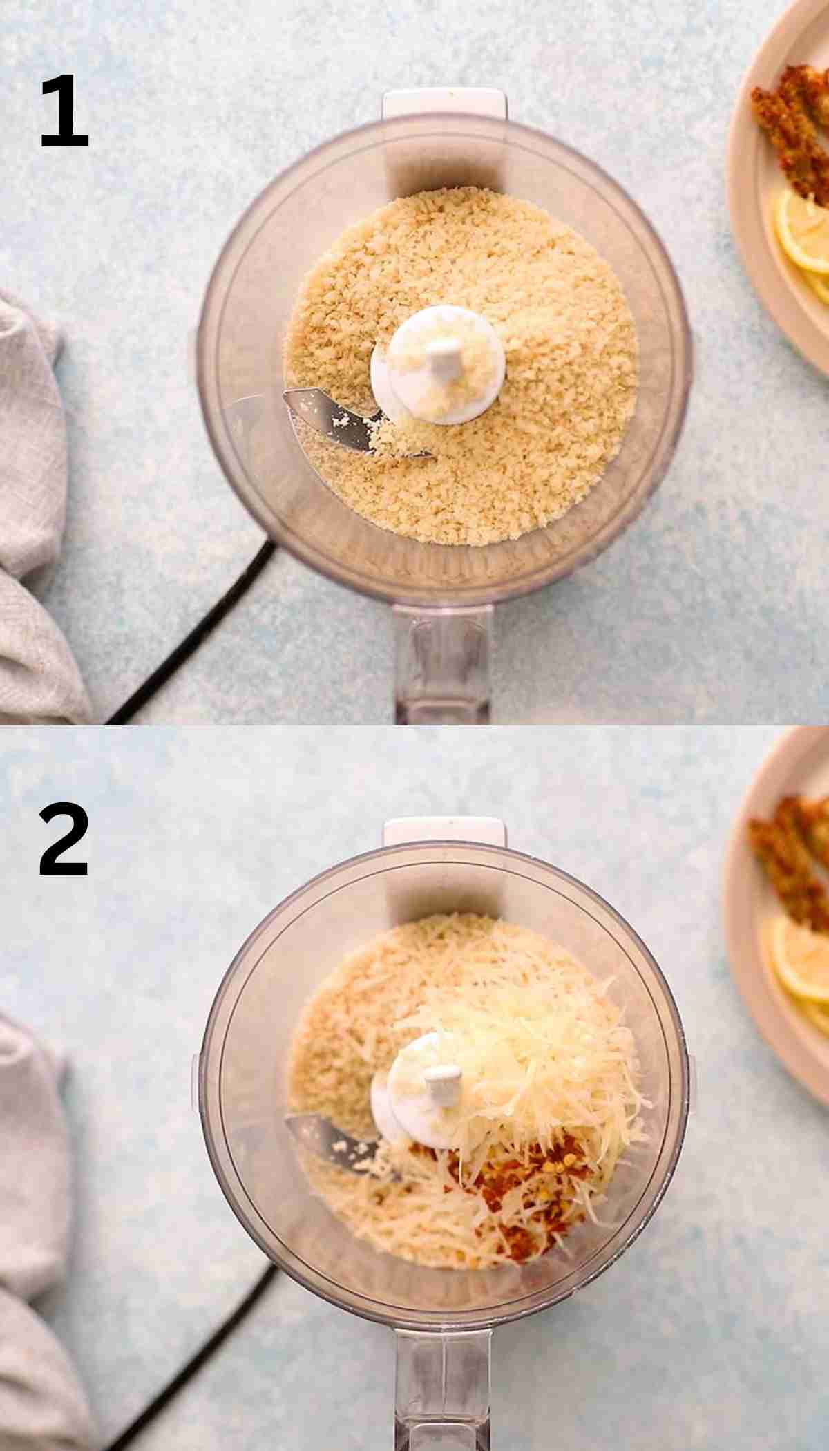 2 photo collage of panko and parmesan cheese in a small food processor.