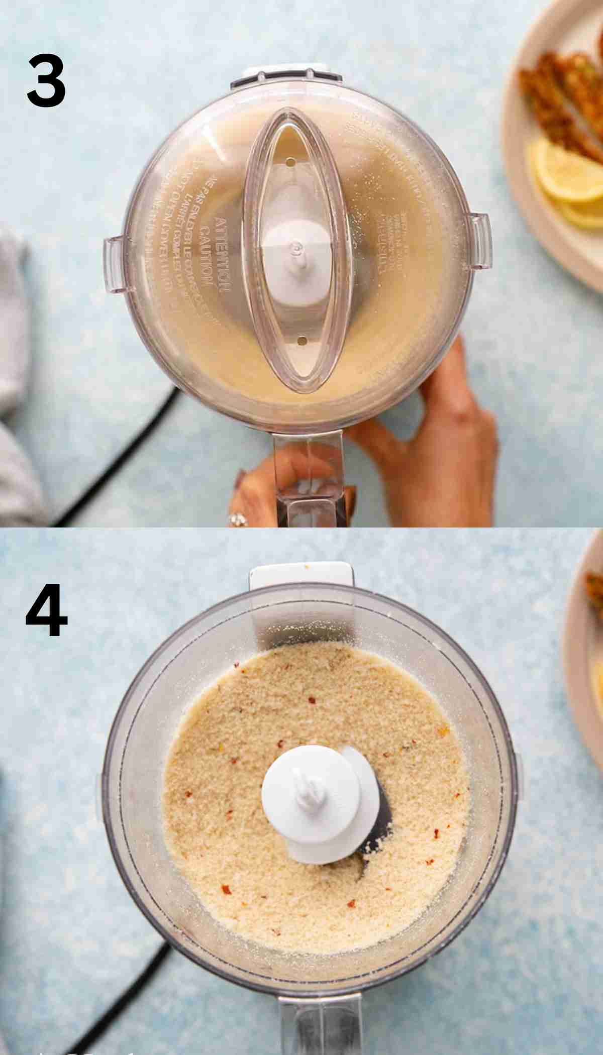2 photo collage of grinding breadcrumbs in a small food processor.