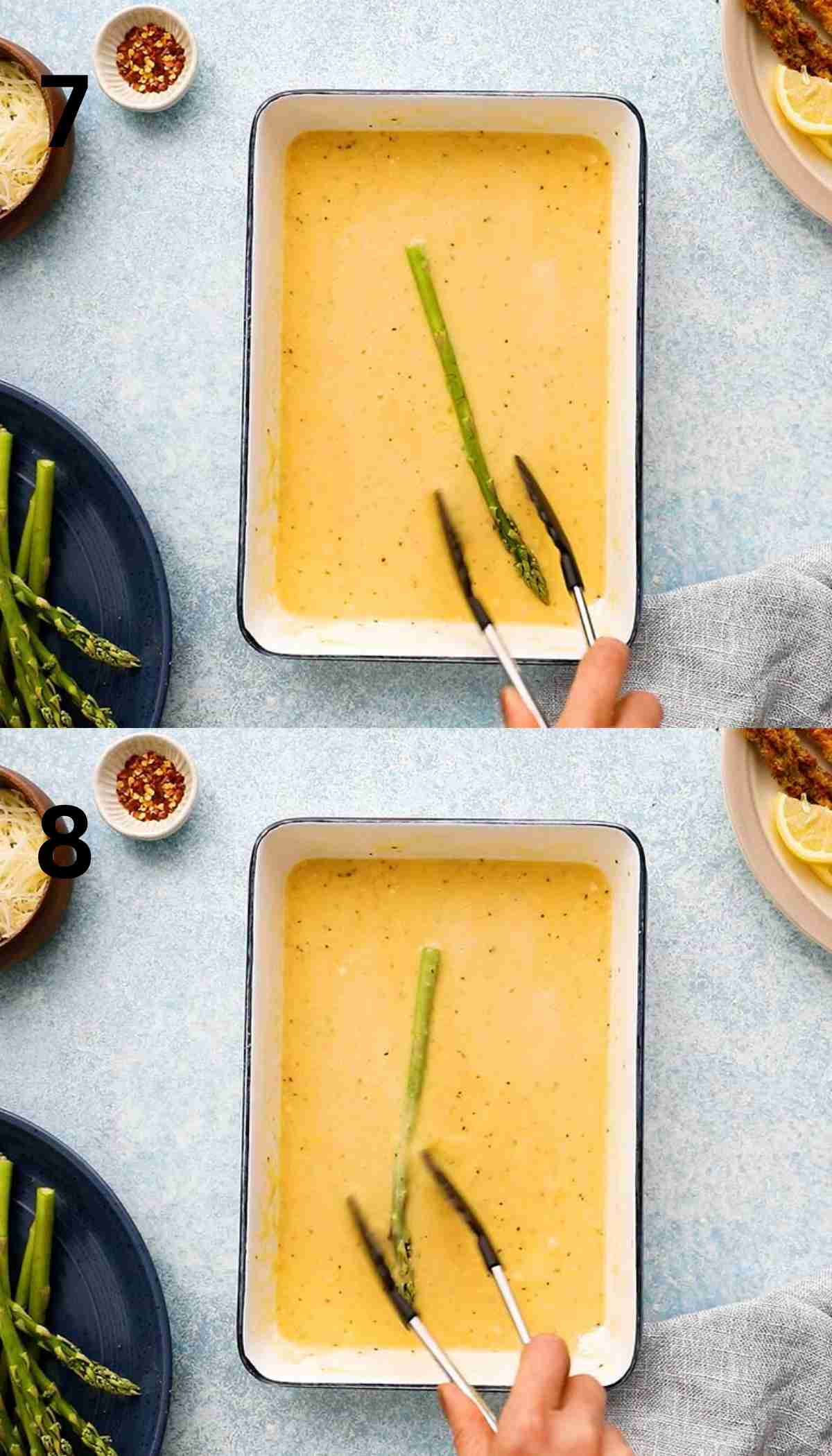 2 photo collage of dipping one asparagus in a egg batter in a white tray.