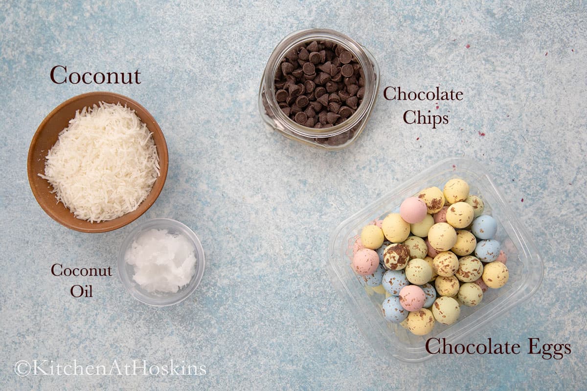 ingredients needed to make chocolate coconut nests.