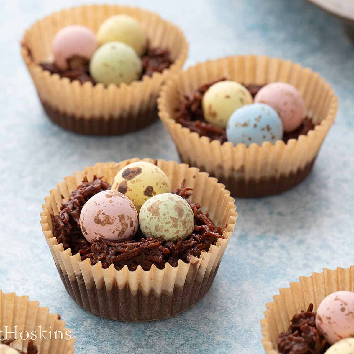 chocolate easter nest treats in paper cups.