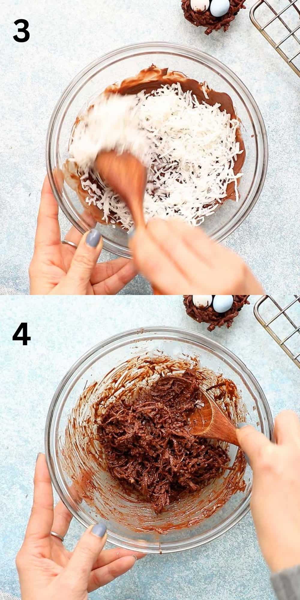 2 photo collage of mixing shredded coconut with melted chocolate. 