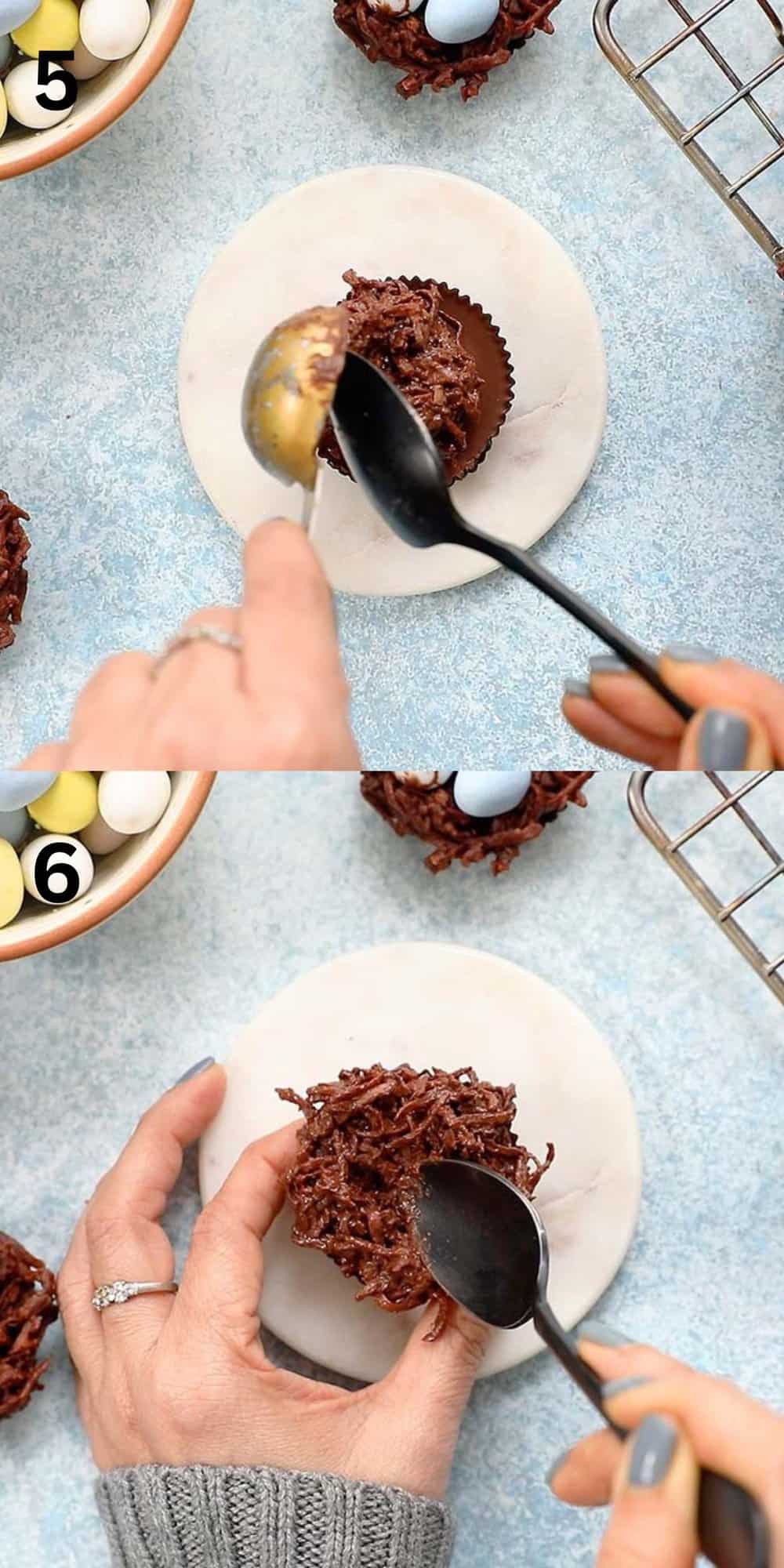 2 photo collage of shaping a nest using coconut mixture on top of peanut butter cup.
