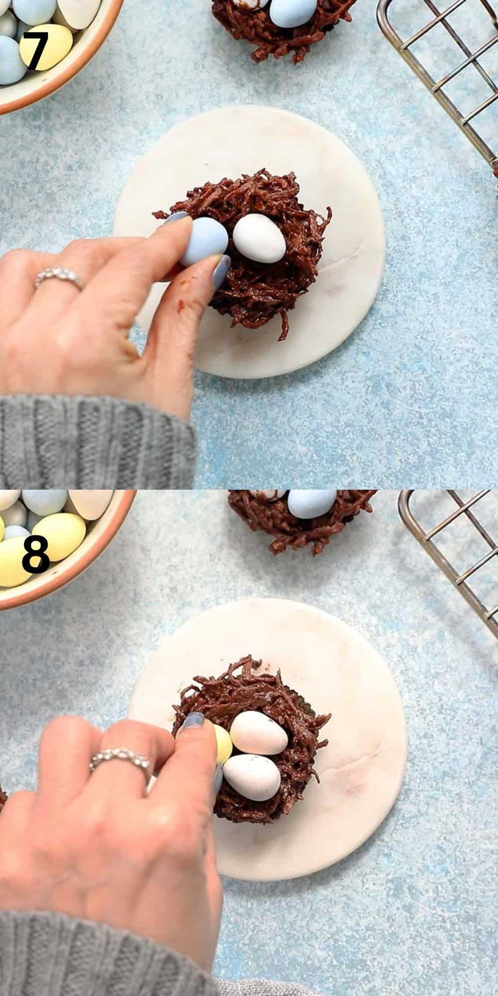 2 photo collage off a hand placing candy eggs on a chocolate nest.