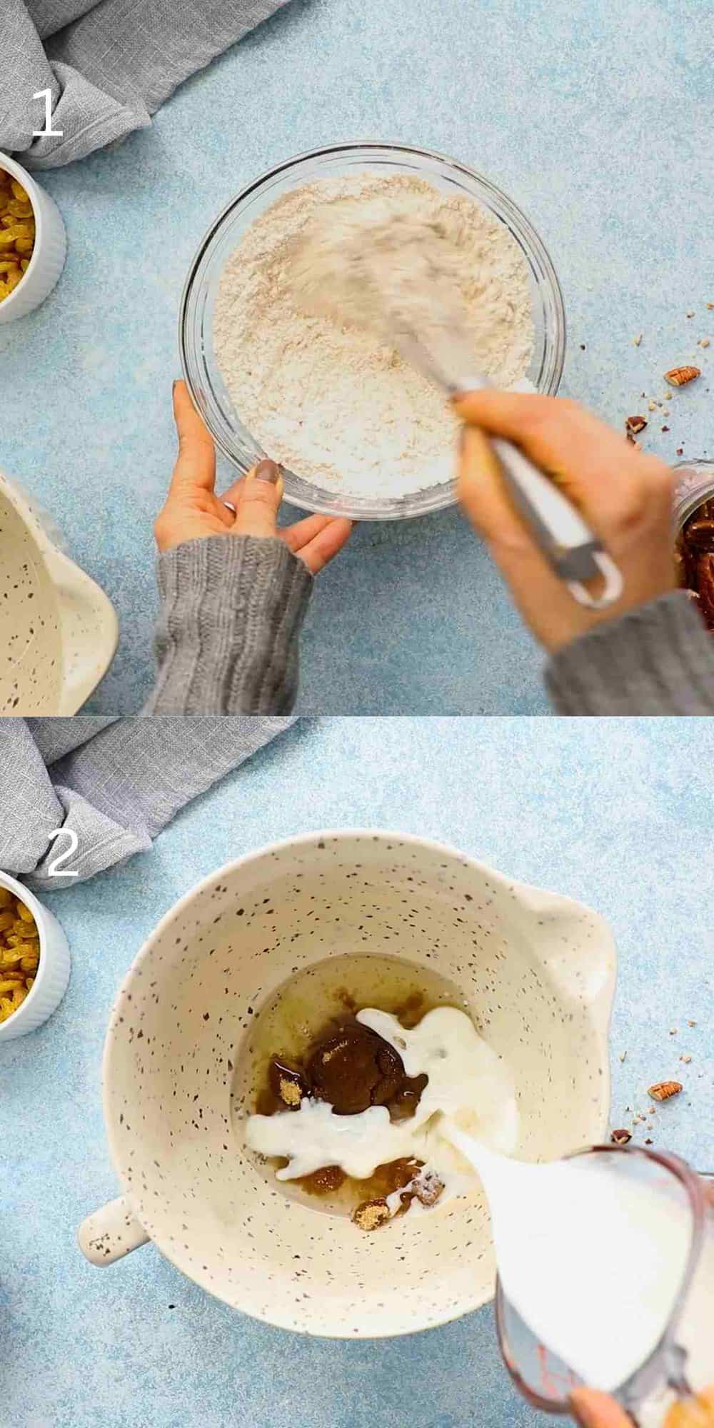 2 photo collage of mixing ingredients in a large white measuring cup.