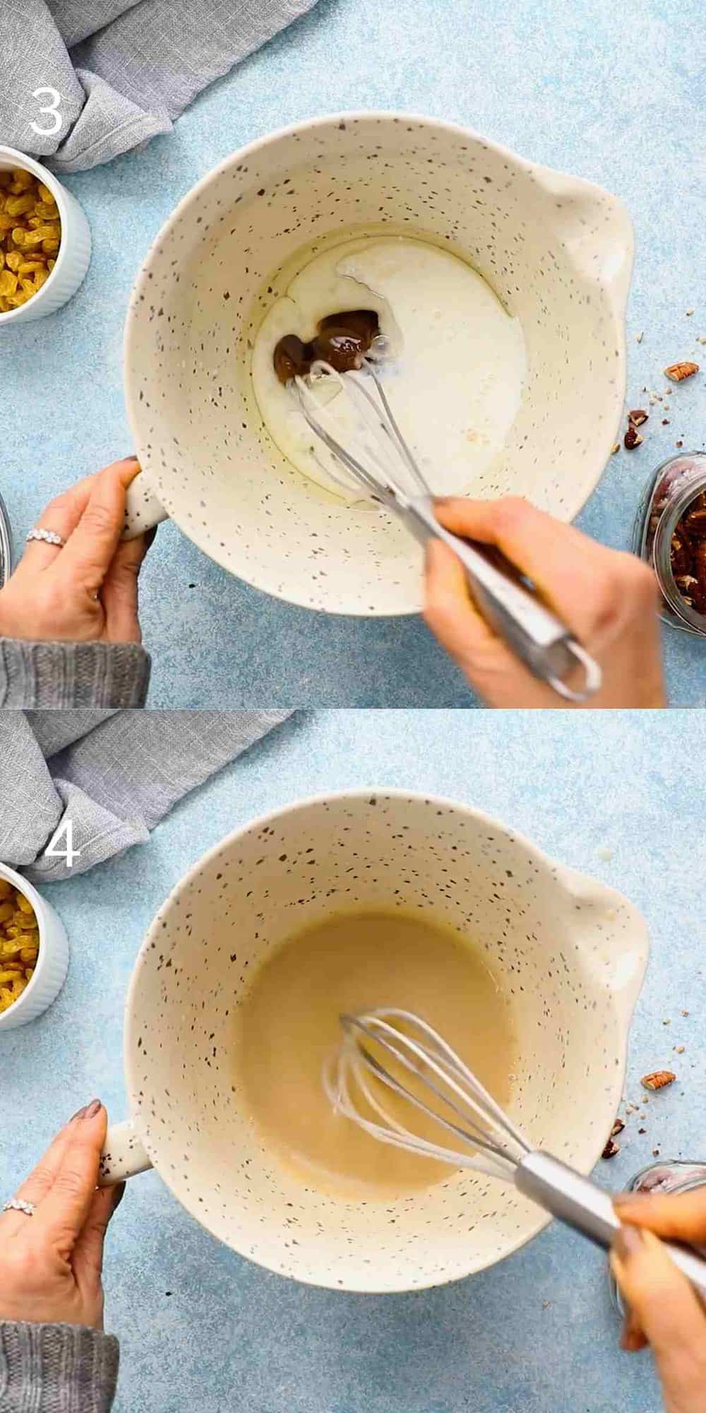 2 photo collage of whisking ingredients in a large white measuring cup.