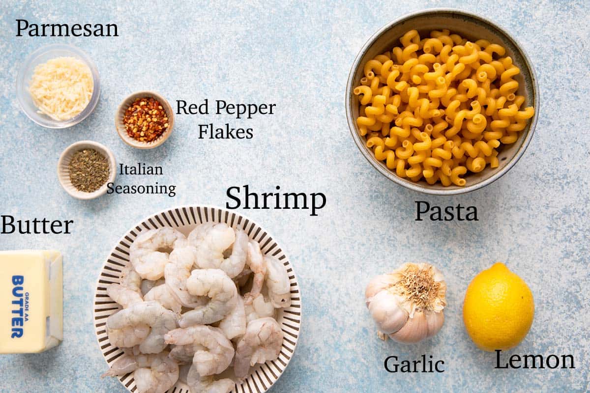 ingredients needed to make pasta with shrimp.