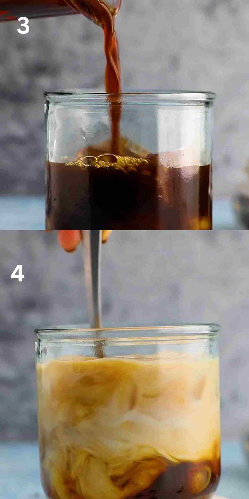 2 photo collage of mixing iced coffee in a glass. 