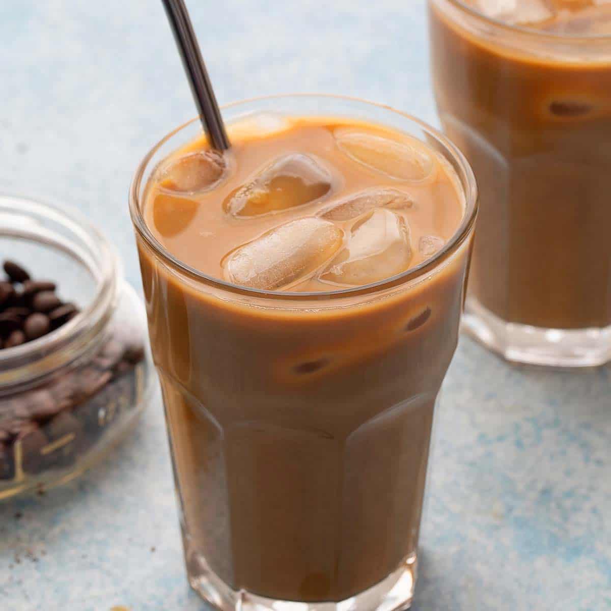 iced coffee in glasses with straw.