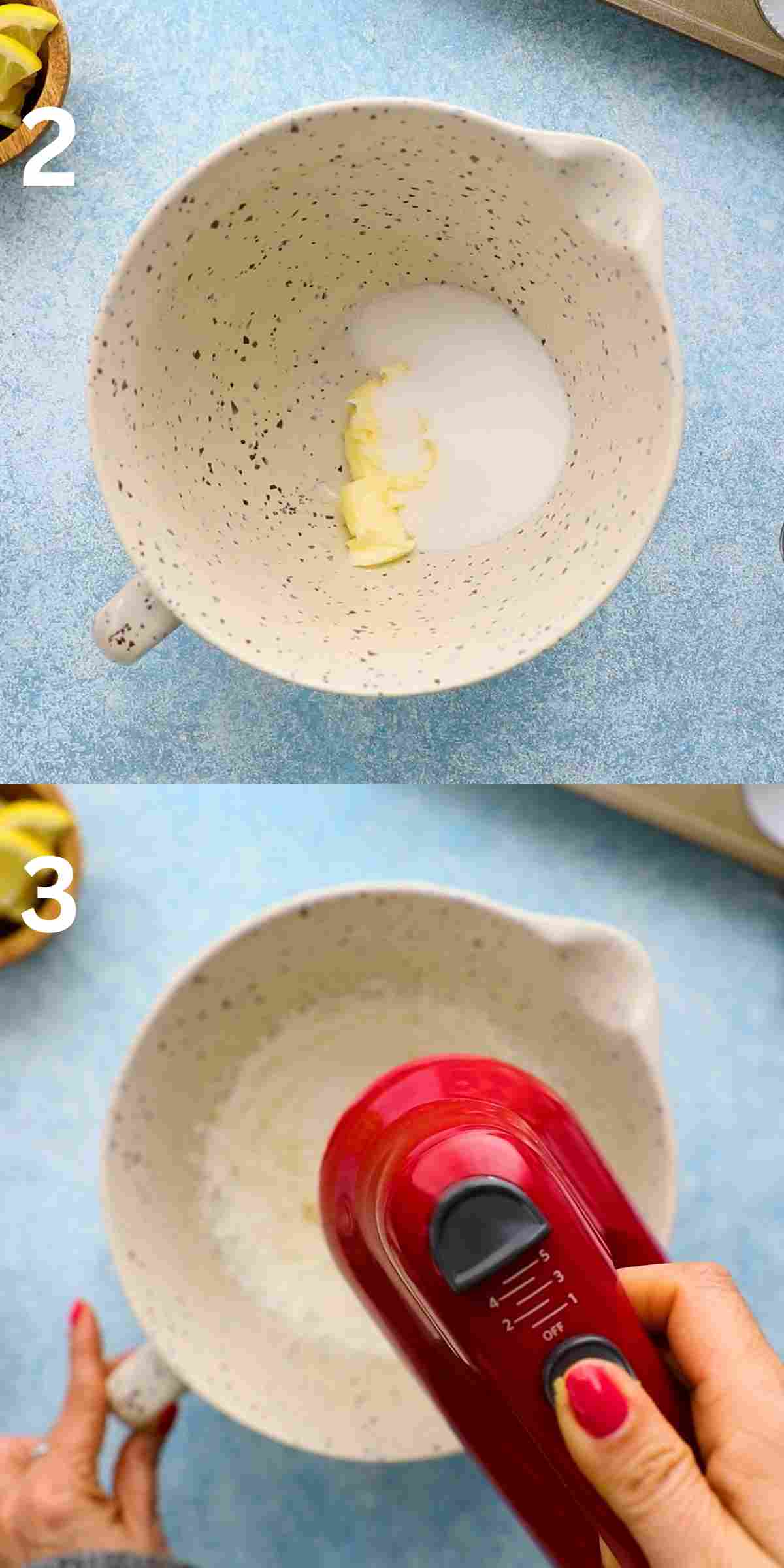 2 photo collage of creaming butter and sugar, in a white bowl with a red beater.