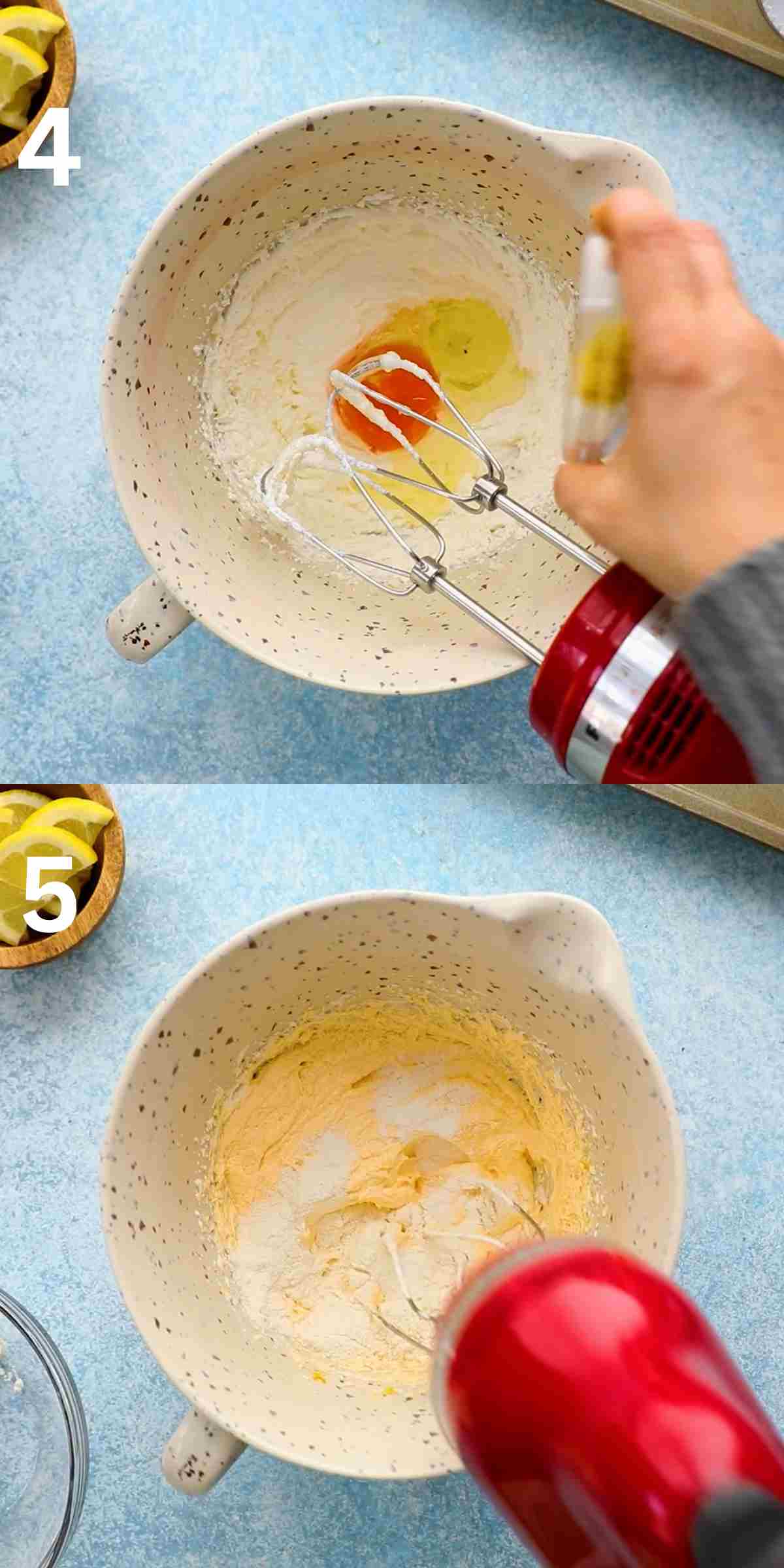 2 photo collage of mixing cake batter, in a white bowl with a red beater.
