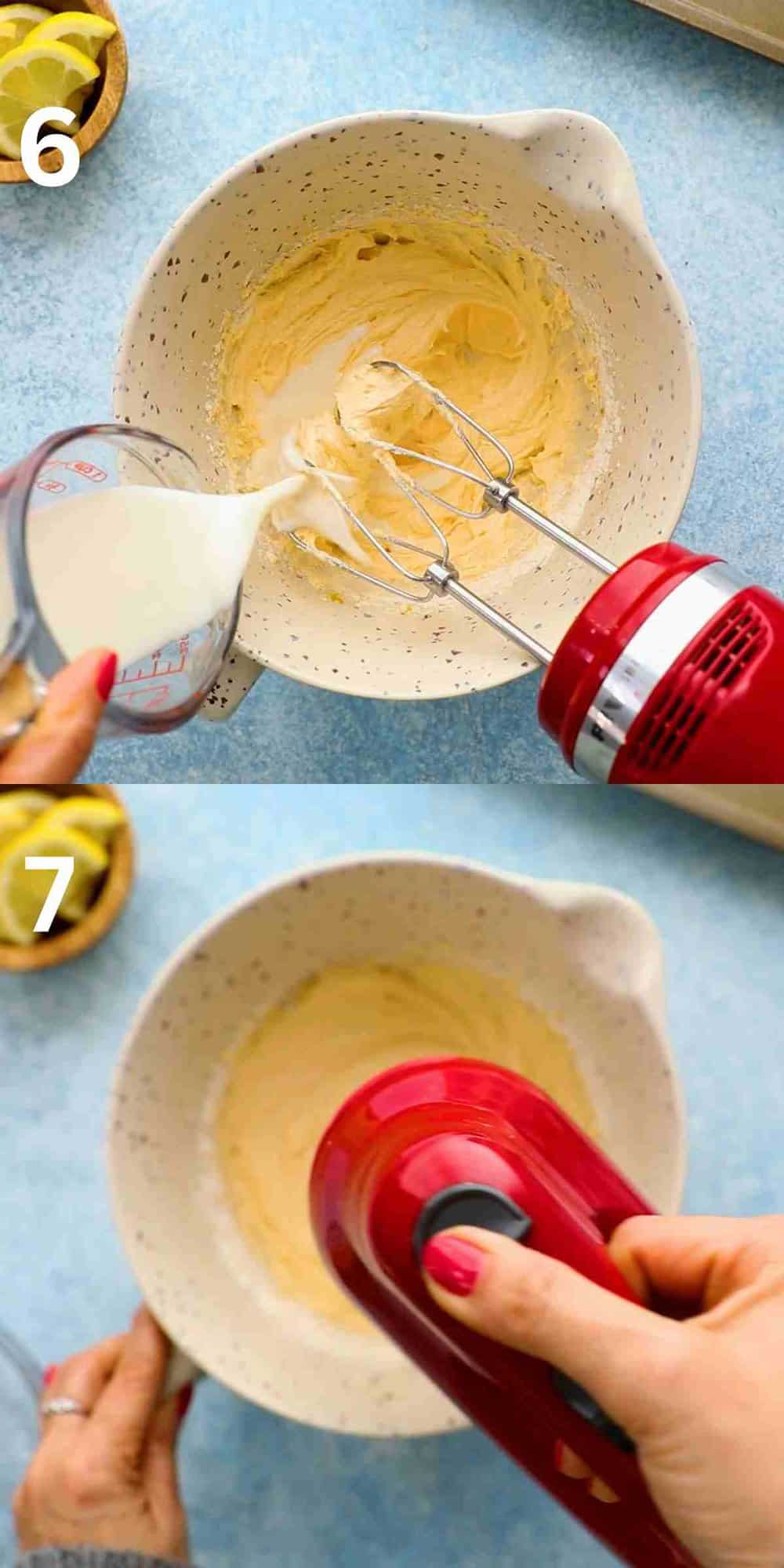 2 photo collage of beating cake batter in a white bowl with a red beater.