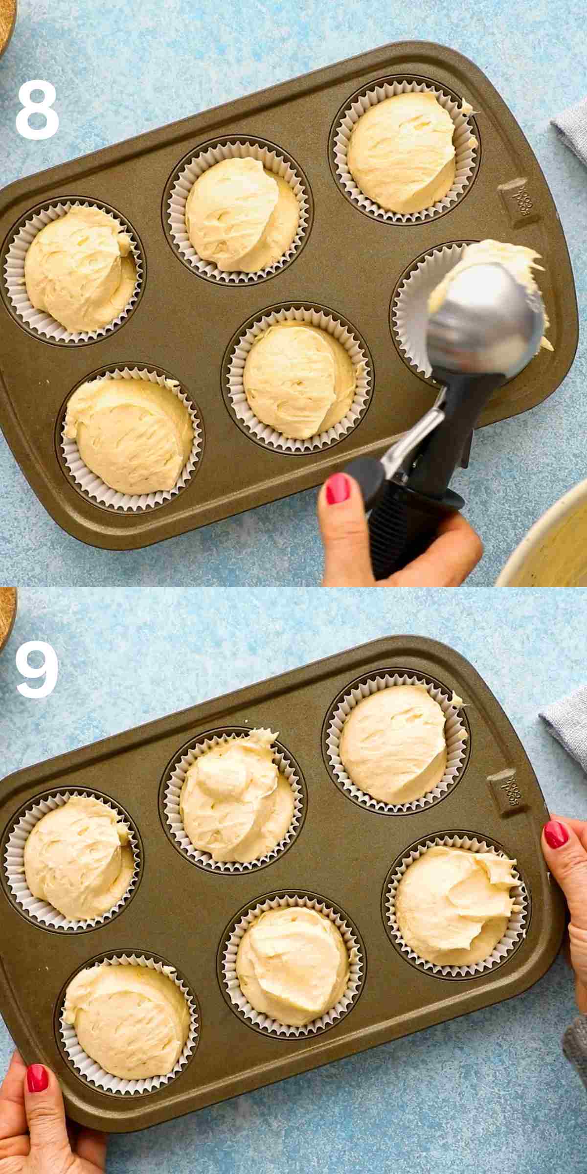 2 photo collage of filling cupcake batter in 6 cup muffin pan. 
