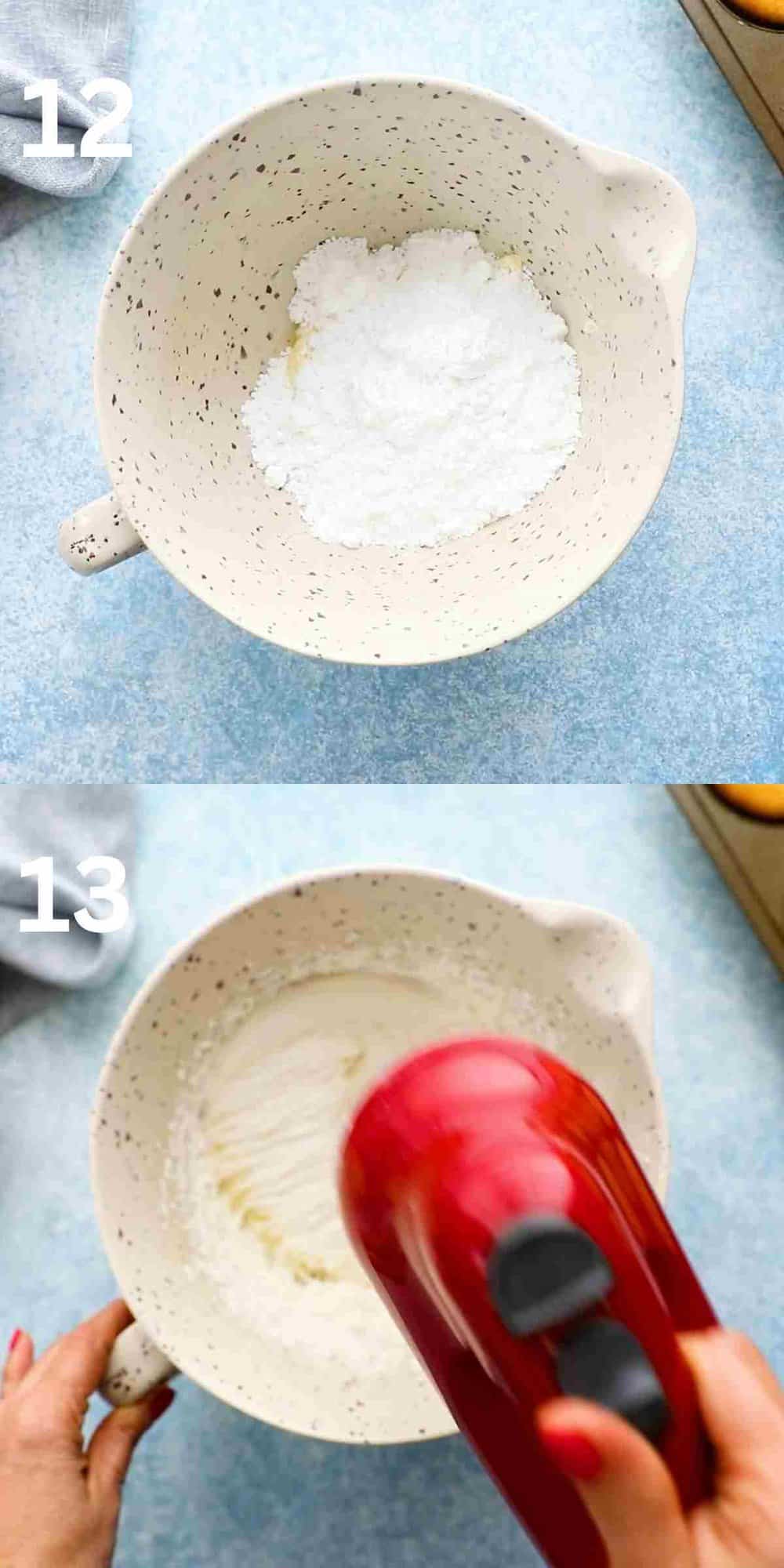 2 photo collage of beating white buttercream in a white bowl with a red beater.