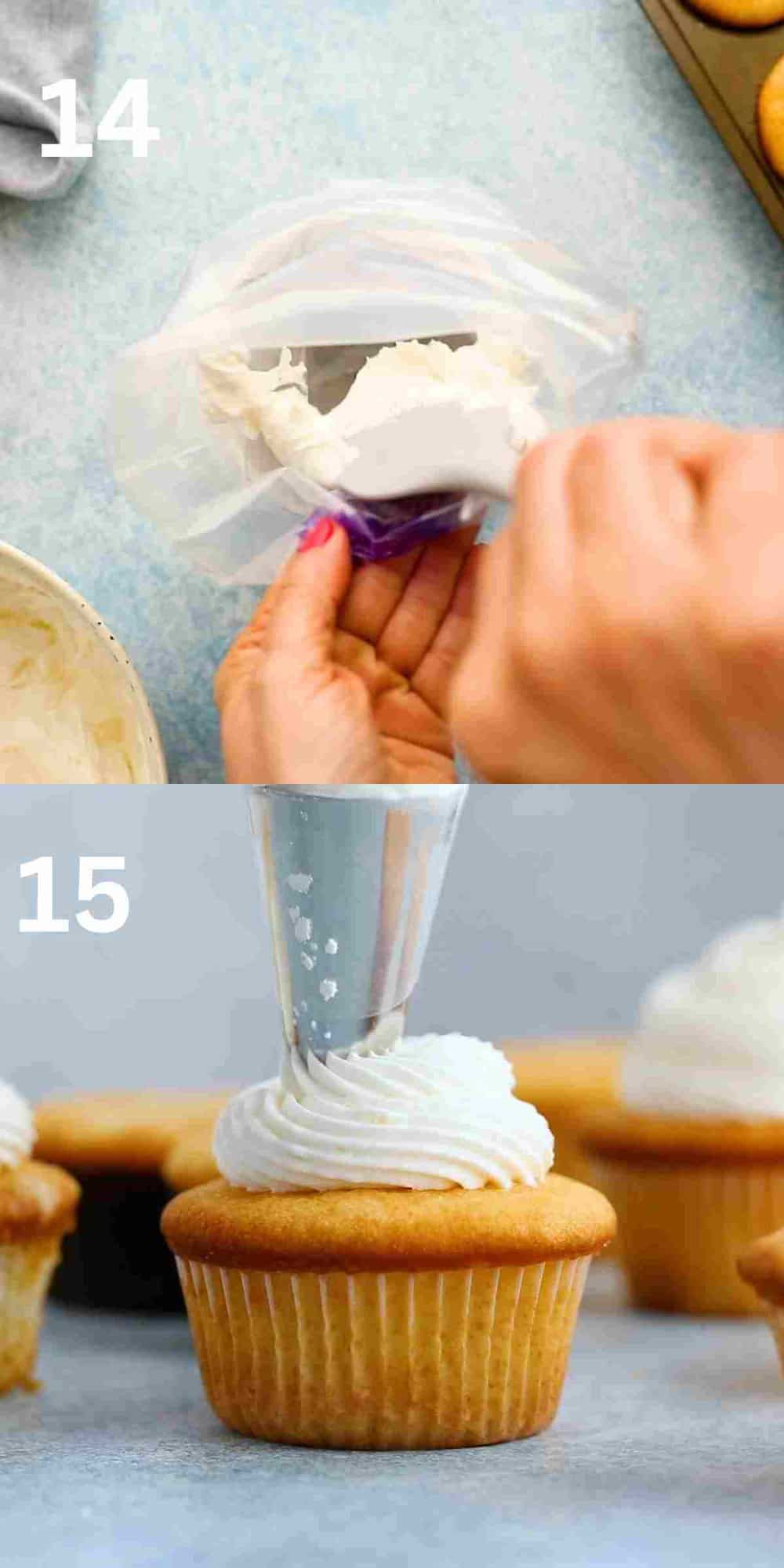 2 photo collage of filling a piping bag and piping lemon buttercream on a cupcake.