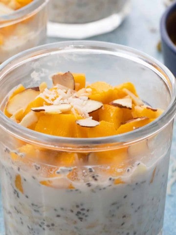overnight oats topped with mango and coconut.