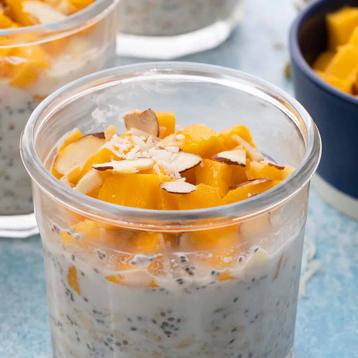 overnight oats topped with mango and coconut.