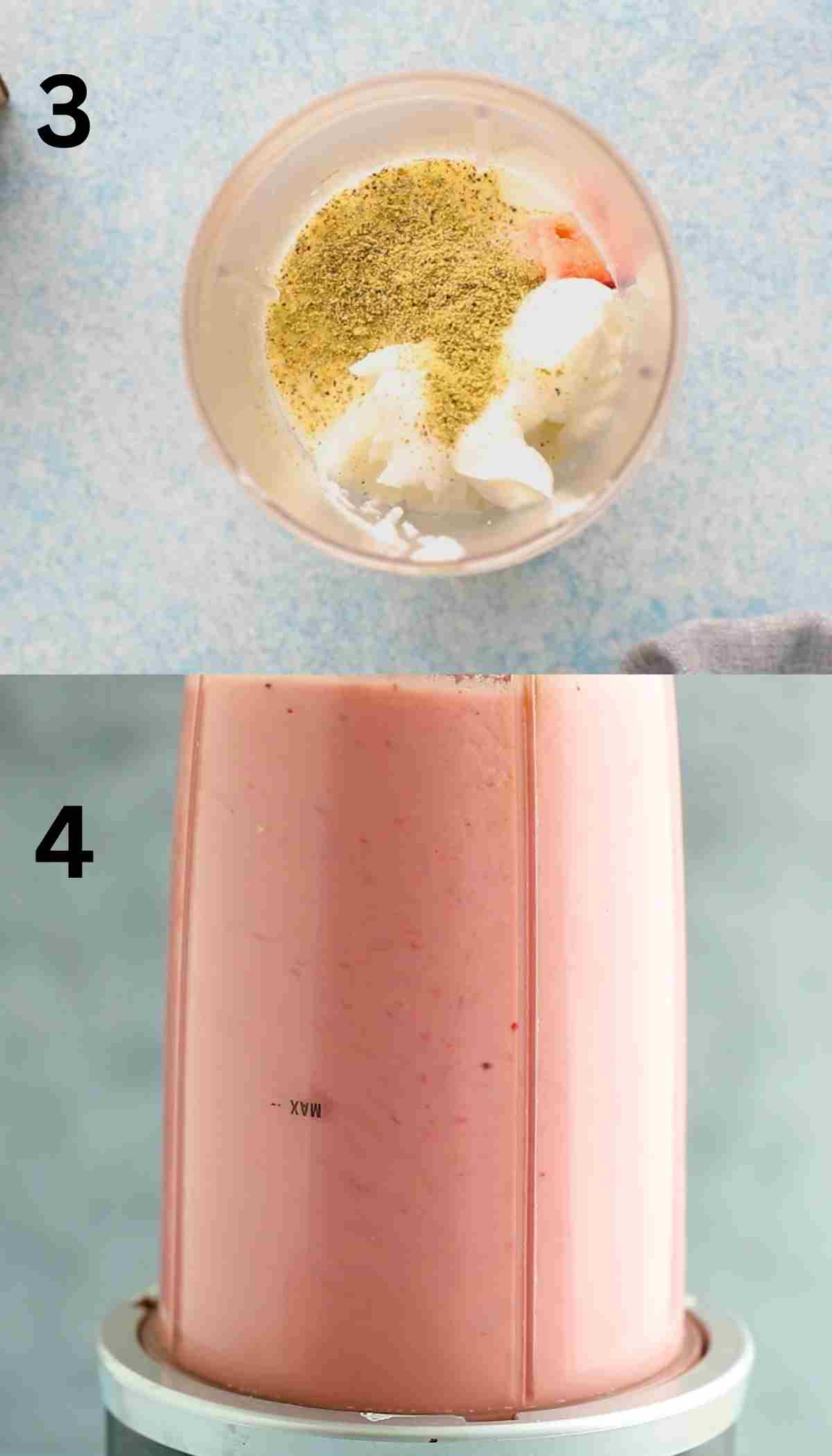 2 photo collage of blender pink smoothie.