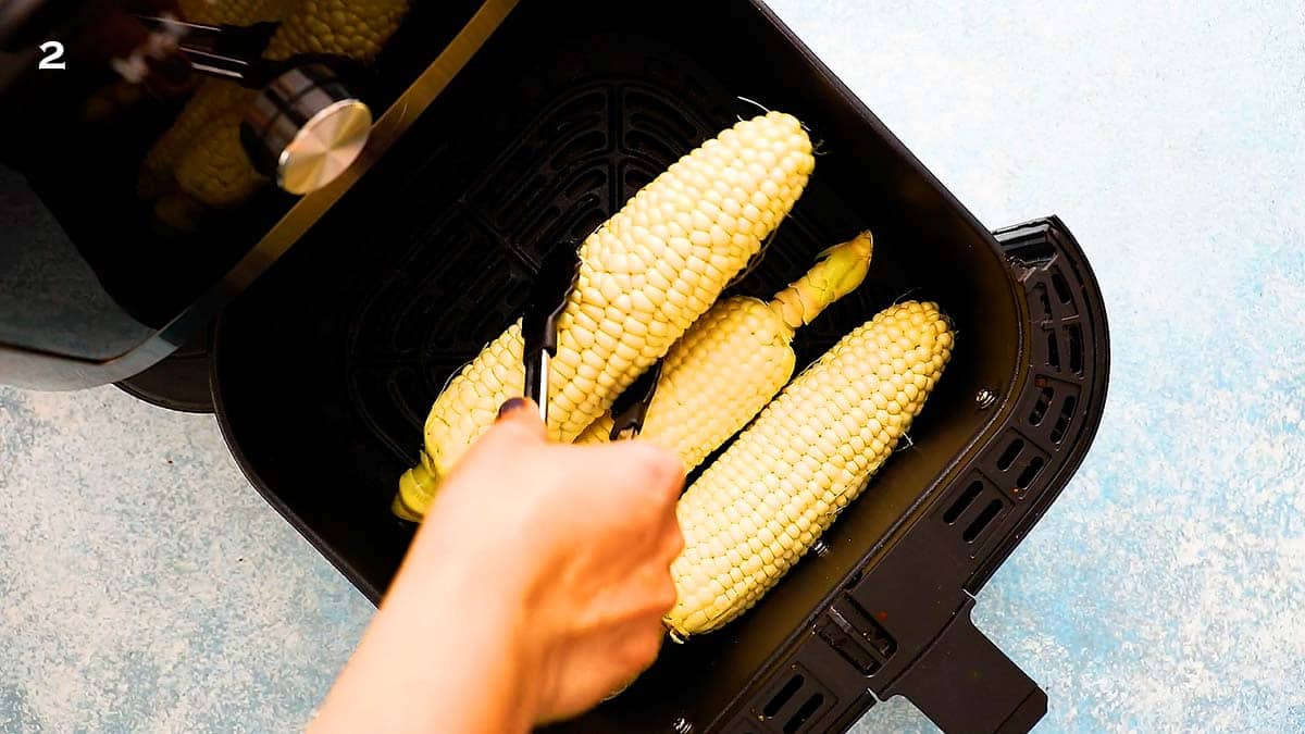 a hand placing a 3 raw corn on the cobs in an air fryer basket.