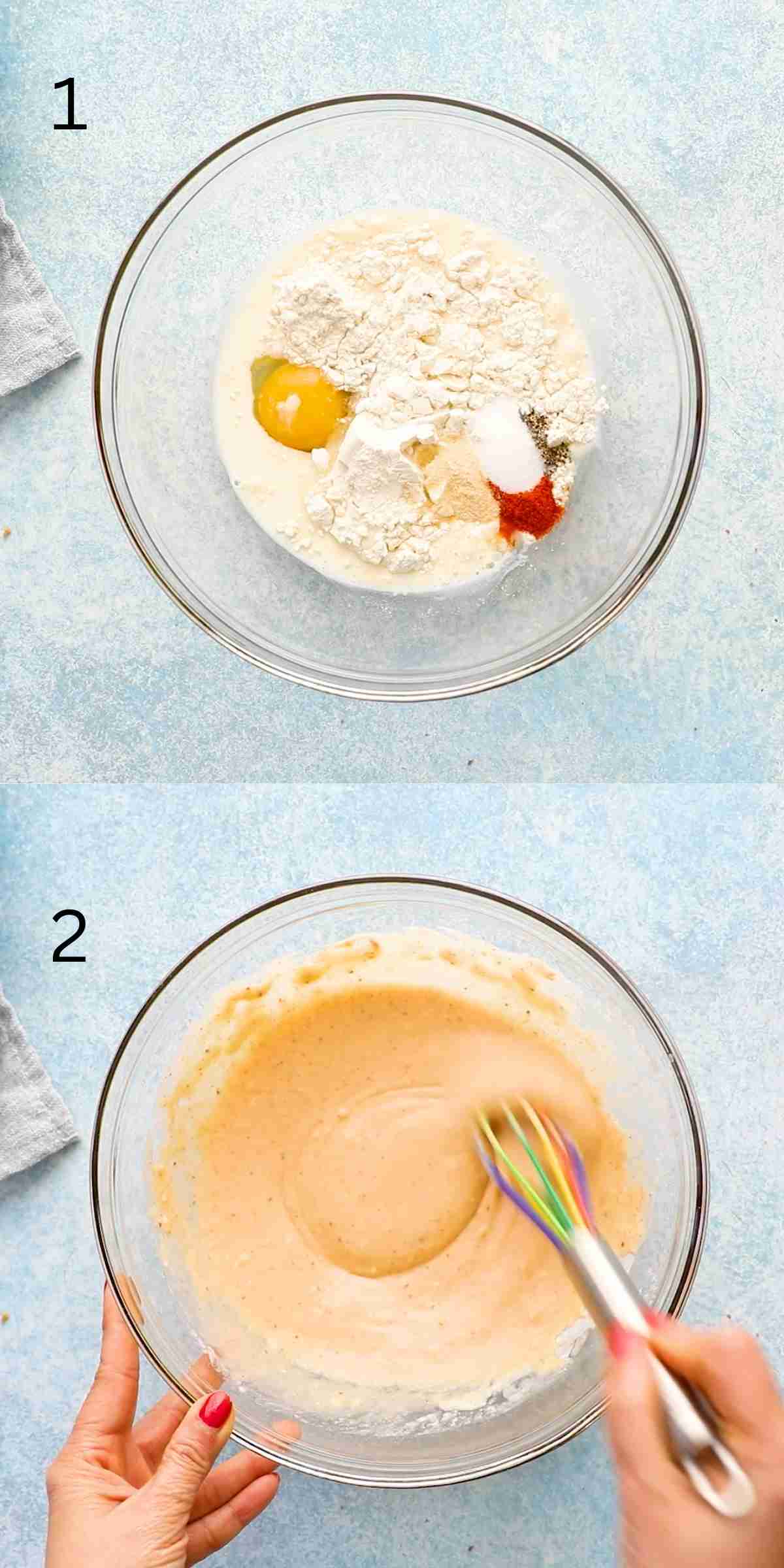 2 photo collage of two hands mixing an egg batter in a glass bowl. 