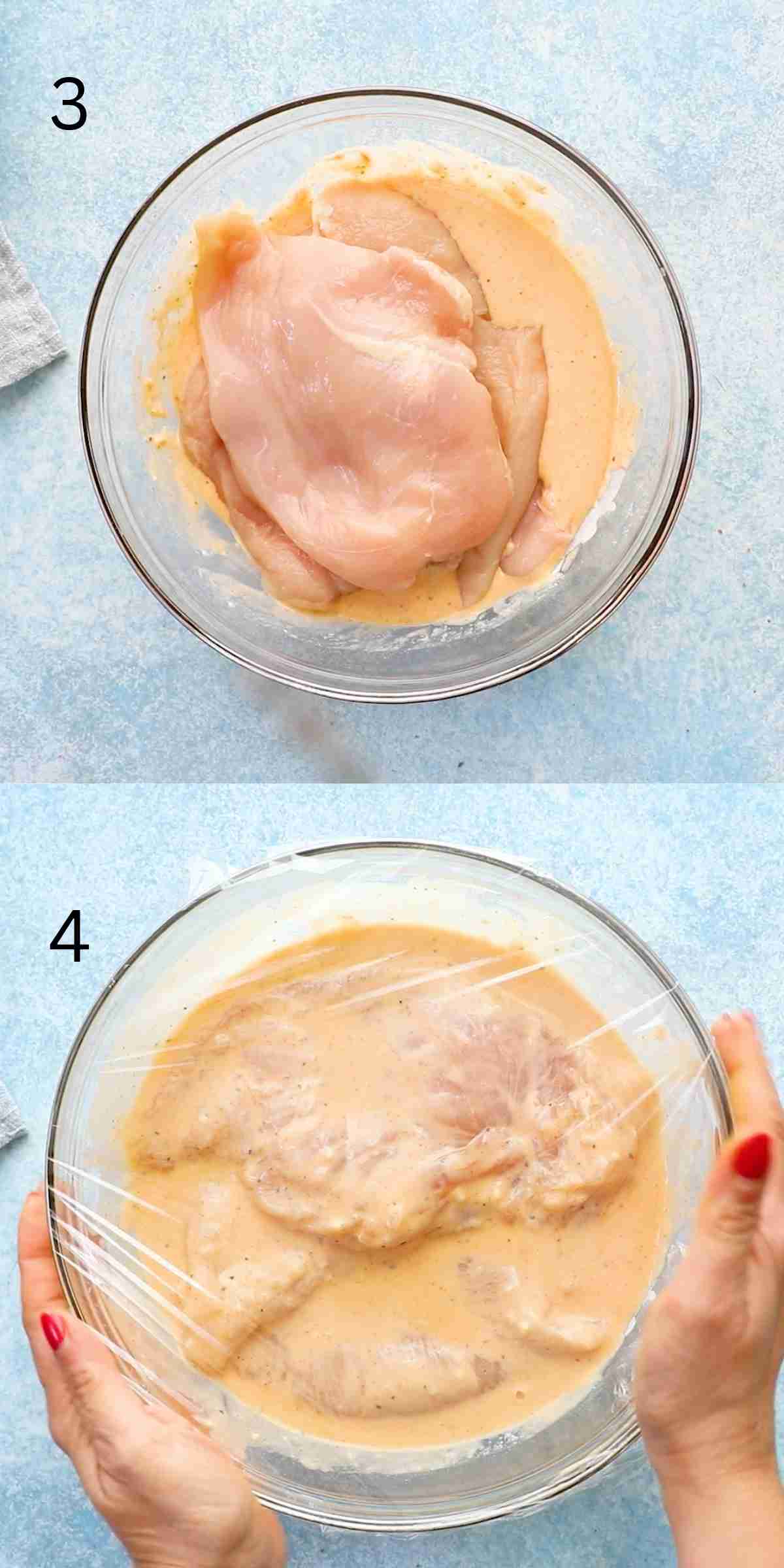 two photo collage of chicken breasts with batter in a large glass bowl. 