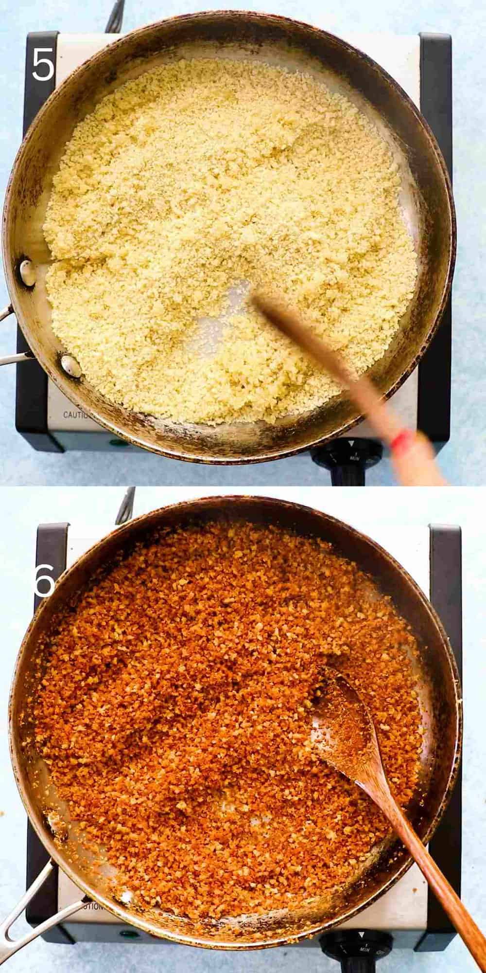 2 photo collage of cooking breadcrumbs in a stainless steel skillet with a wooden spoon. 