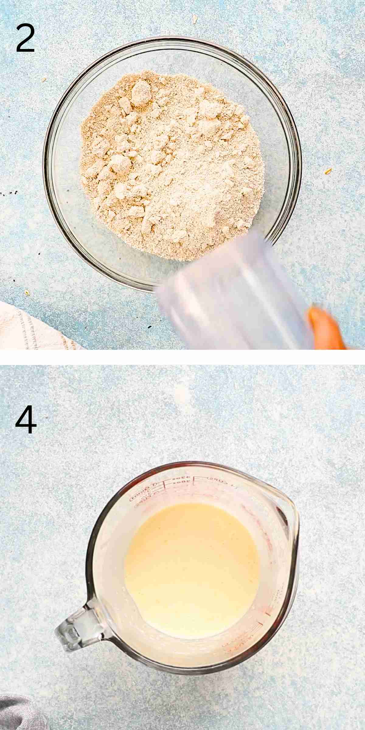 2 photo collage or mixing pancake batter in a glass bowl. 