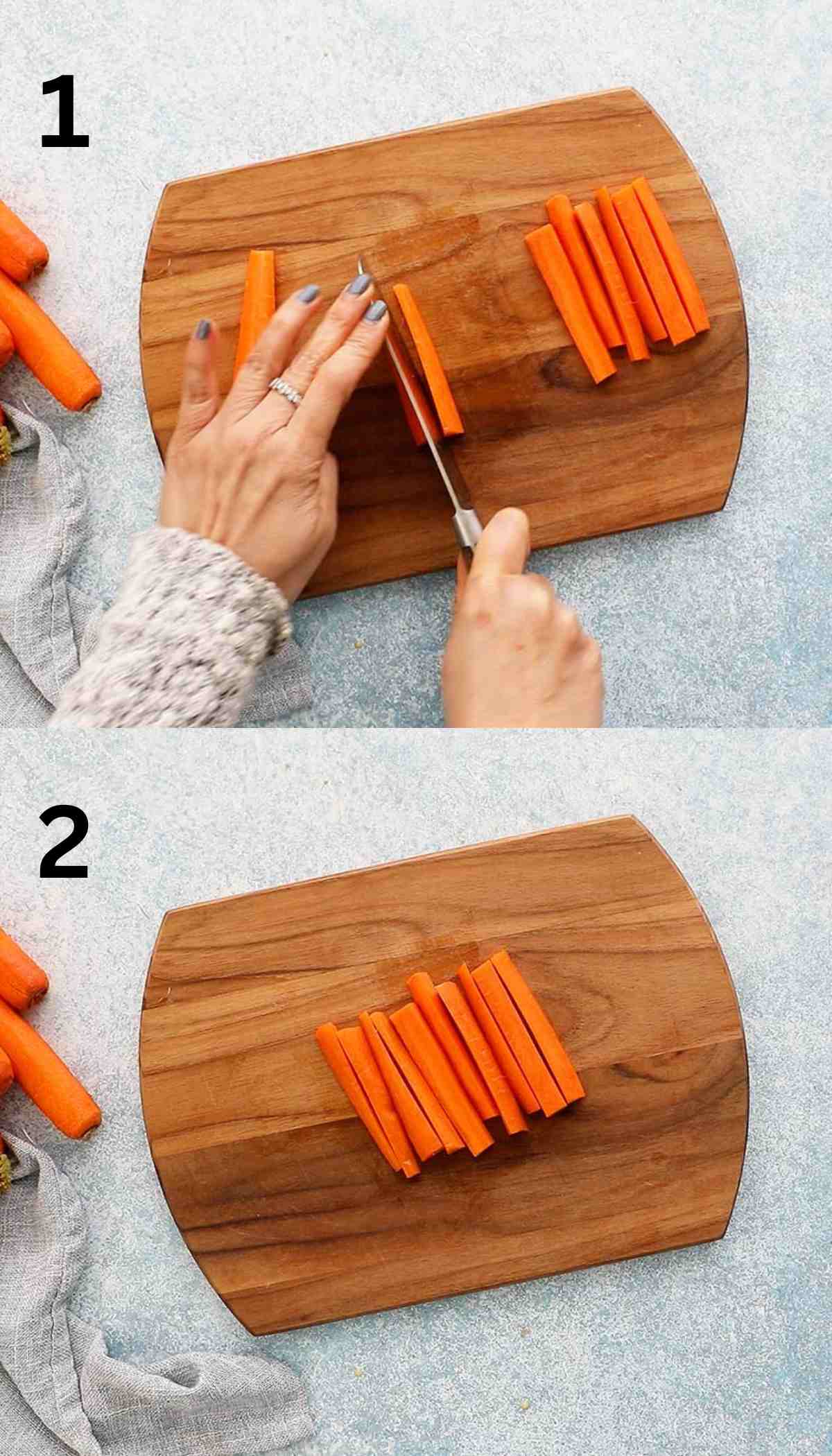 2 photo collage of two hands cutting carrots into sticks on a wooden board.