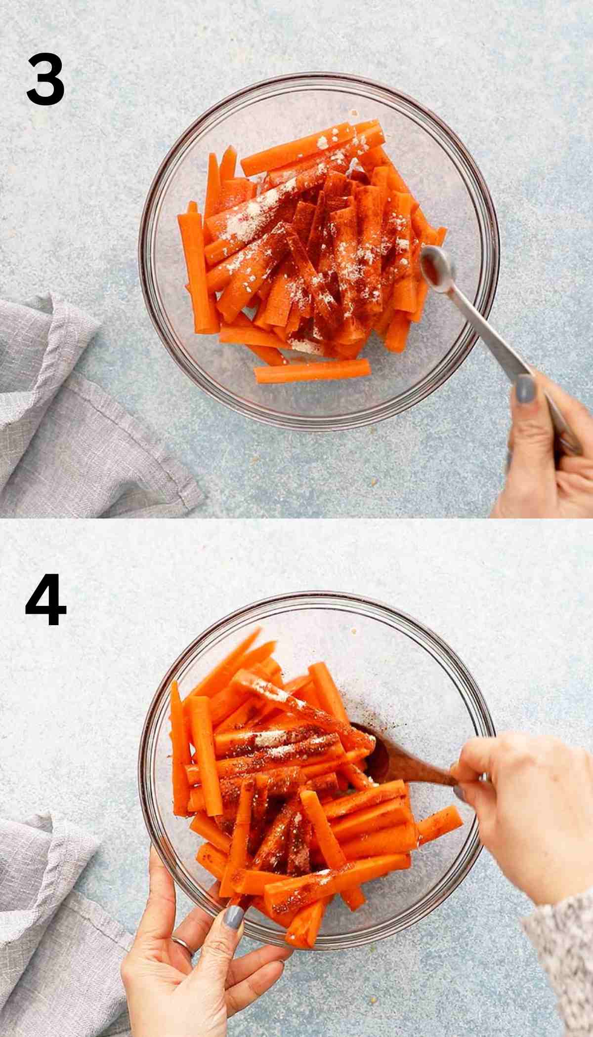 2 photo collage of two hands mixing cut carrots with seasoning using wooden spoon.