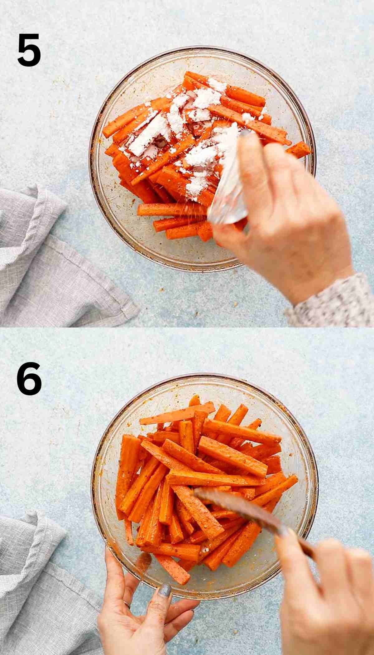 2 photo collage of mixing cornstarch with carrot sticks in a glass bowl.