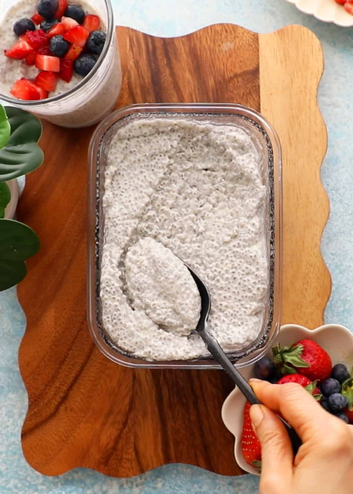 coconut chia pudding in a glass container.