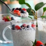 a spoonful of white coconut chia pudding above a glass jar.