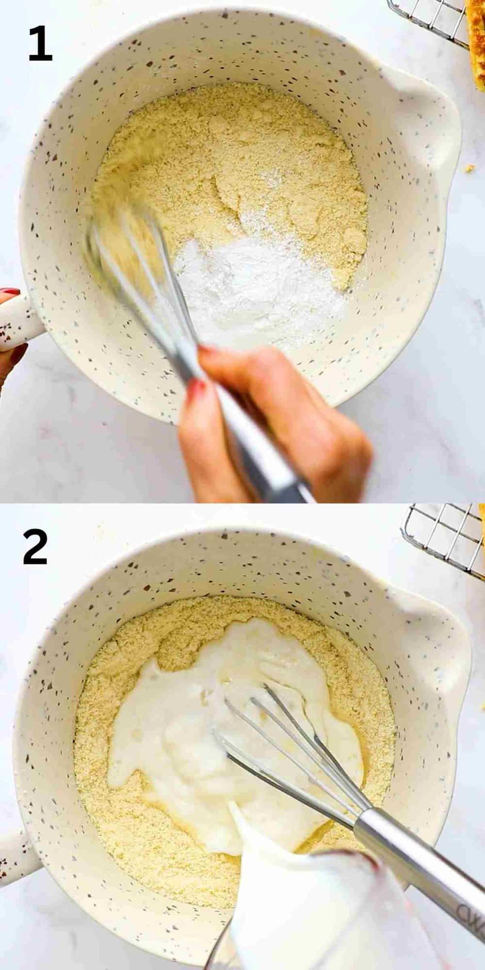2 photo collage of mixing waffle batter in a yellow bowl.