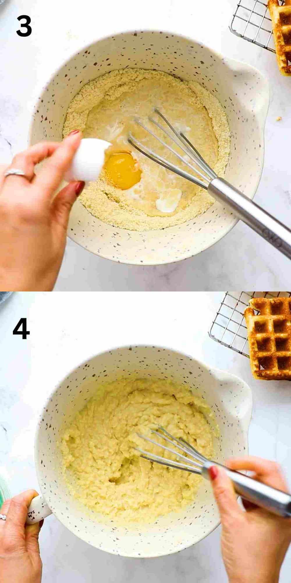 2 photo collage of mixing waffle batter in a yellow bowl.