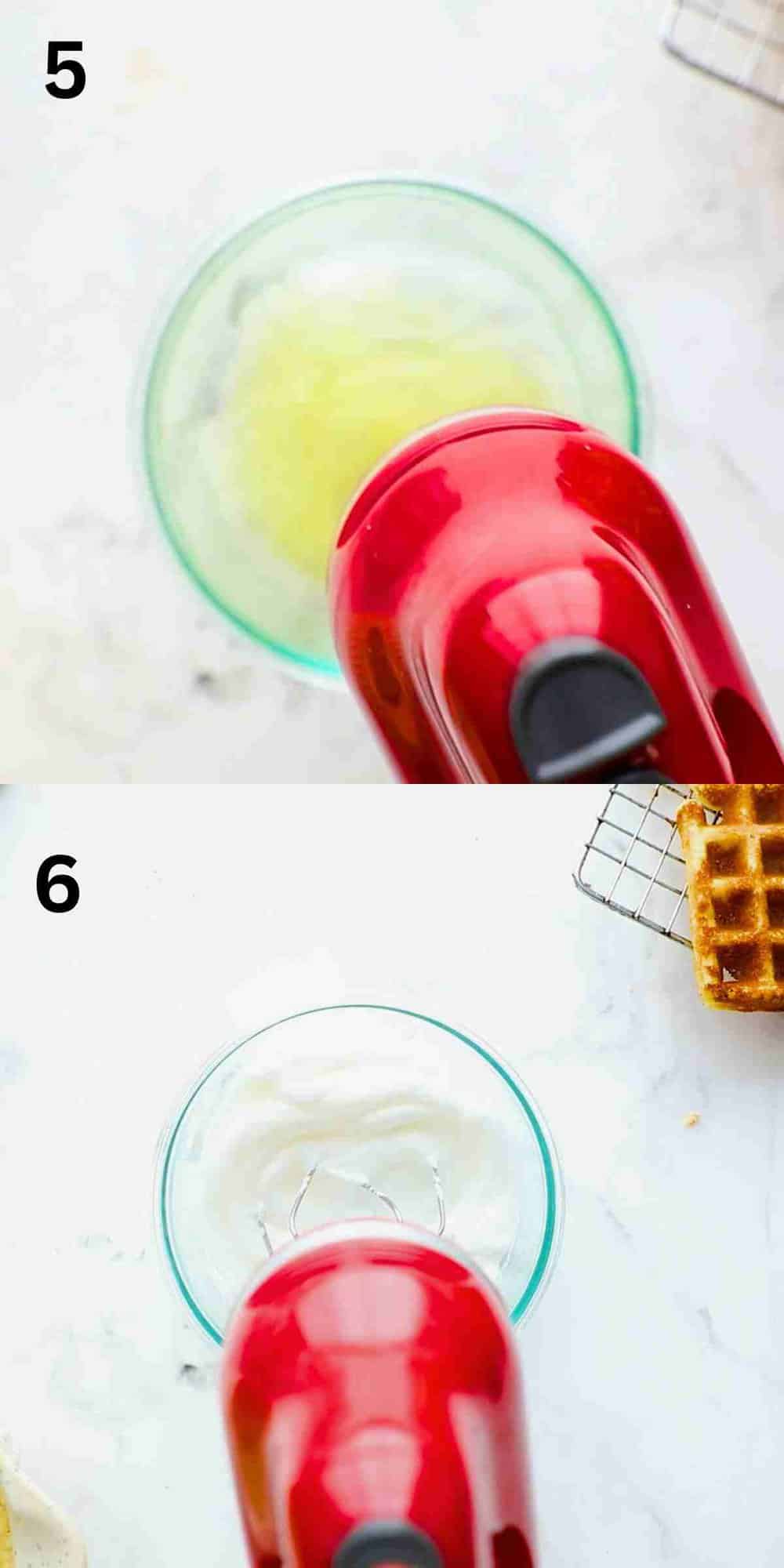 2 photo collage of beating egg whites using a red beater.