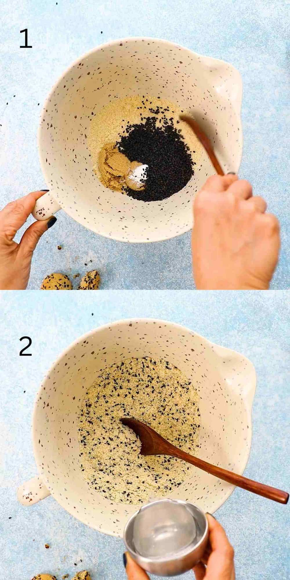 2 photo collage of mixing dry ingredients in a white bowl.