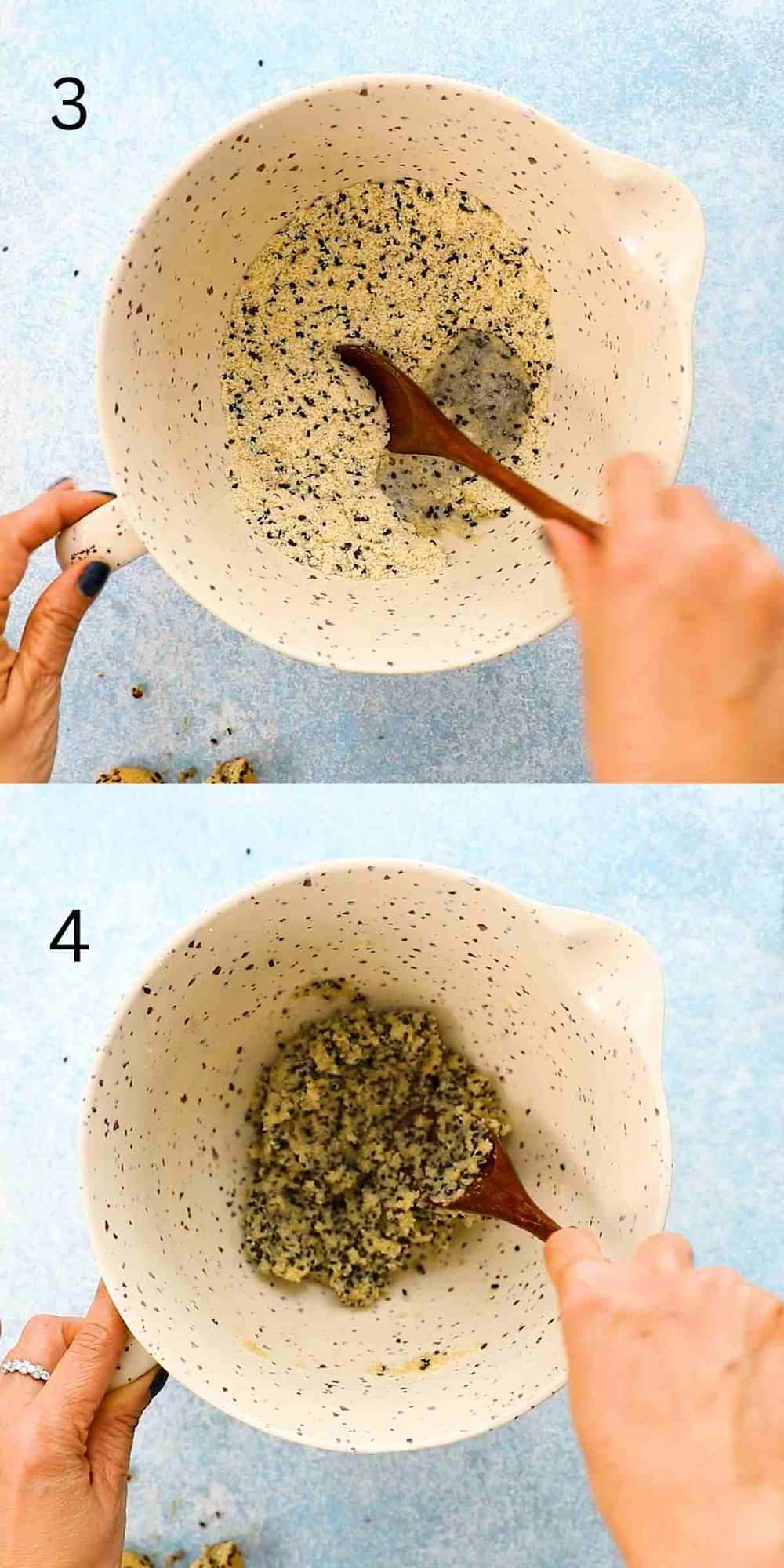 2 photo collage of mixing sesame cookie dough in a white bowl.