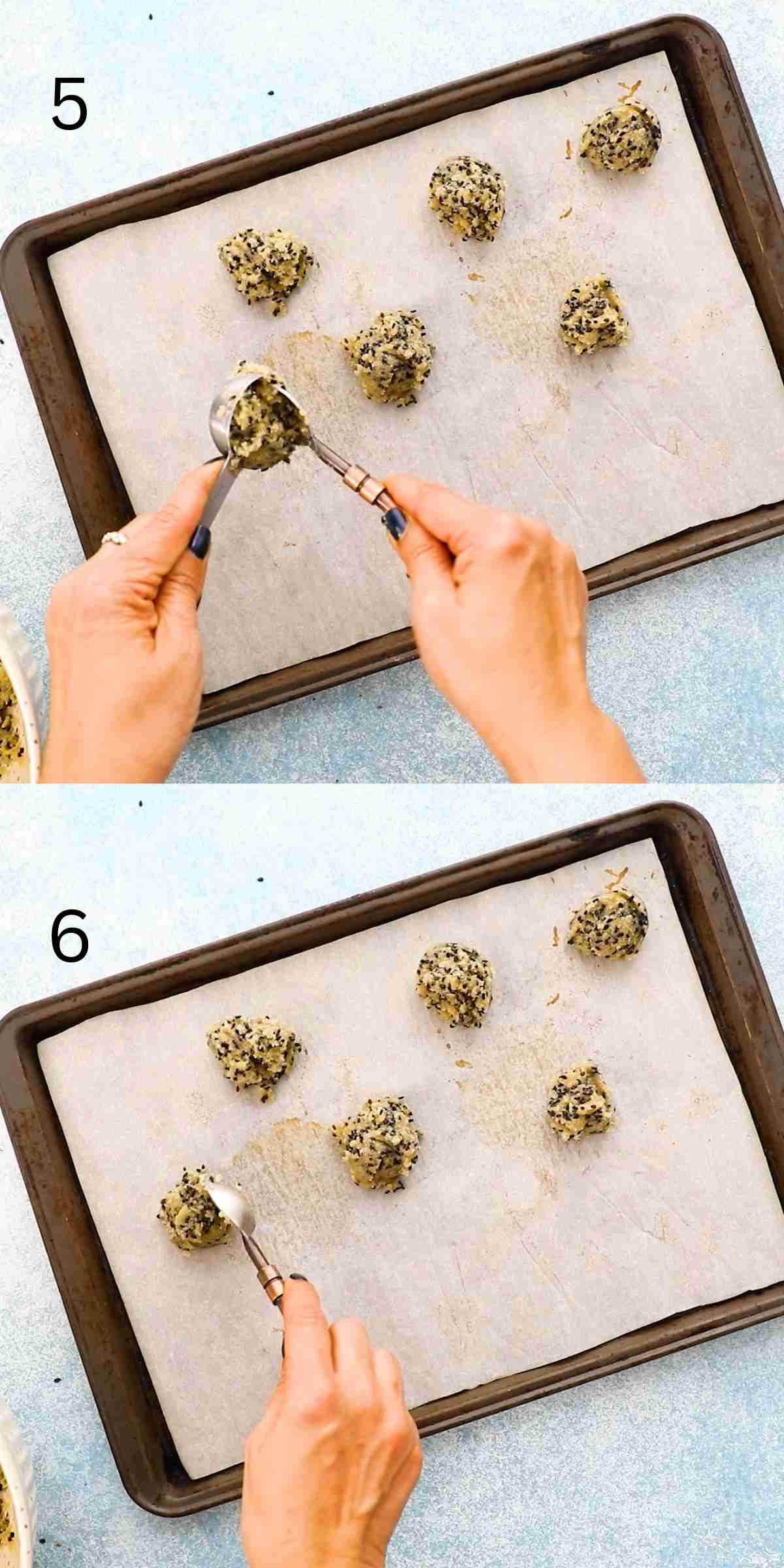 2 photo collage of spooning cookie dough onto a parchment lined black baking sheet.