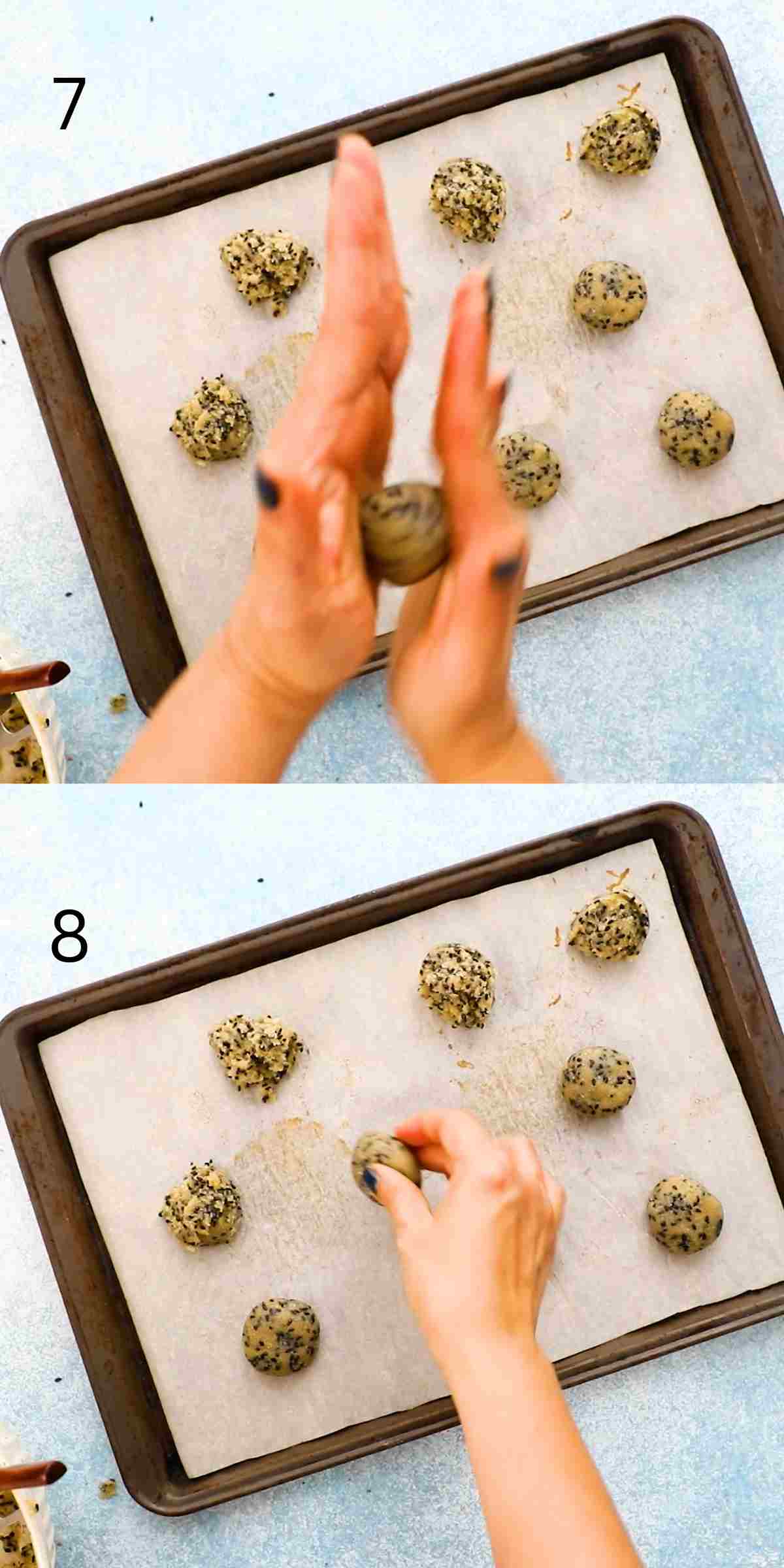 2 photo collage of rolling and shaping  cookie dough with hands.