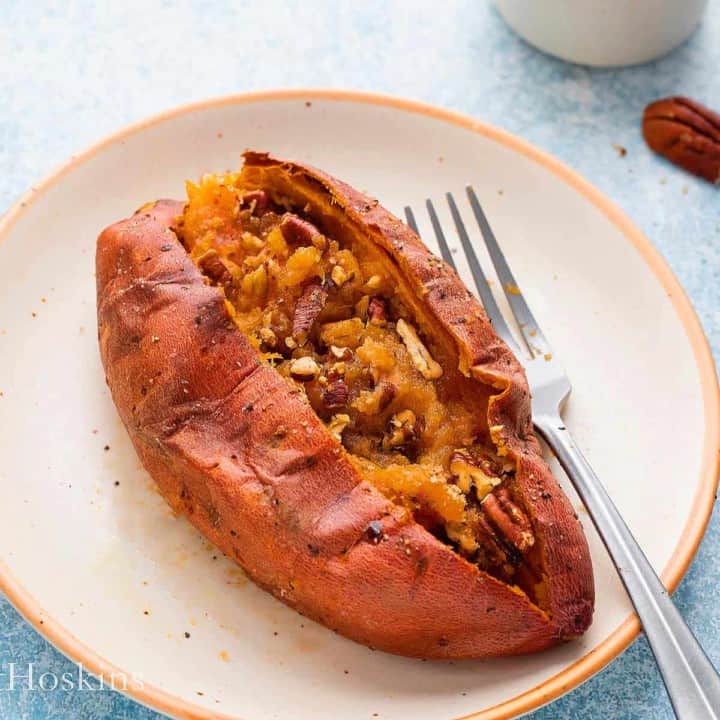 baked whole sweet potato topped with pecans & sugar.