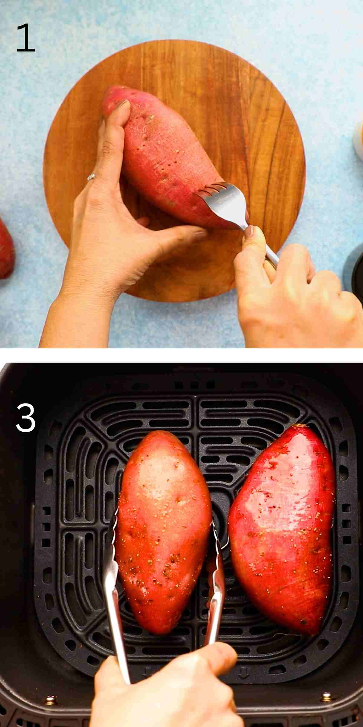 2 photo collage of prepping and placing sweet potatoes in an air fryer basket.