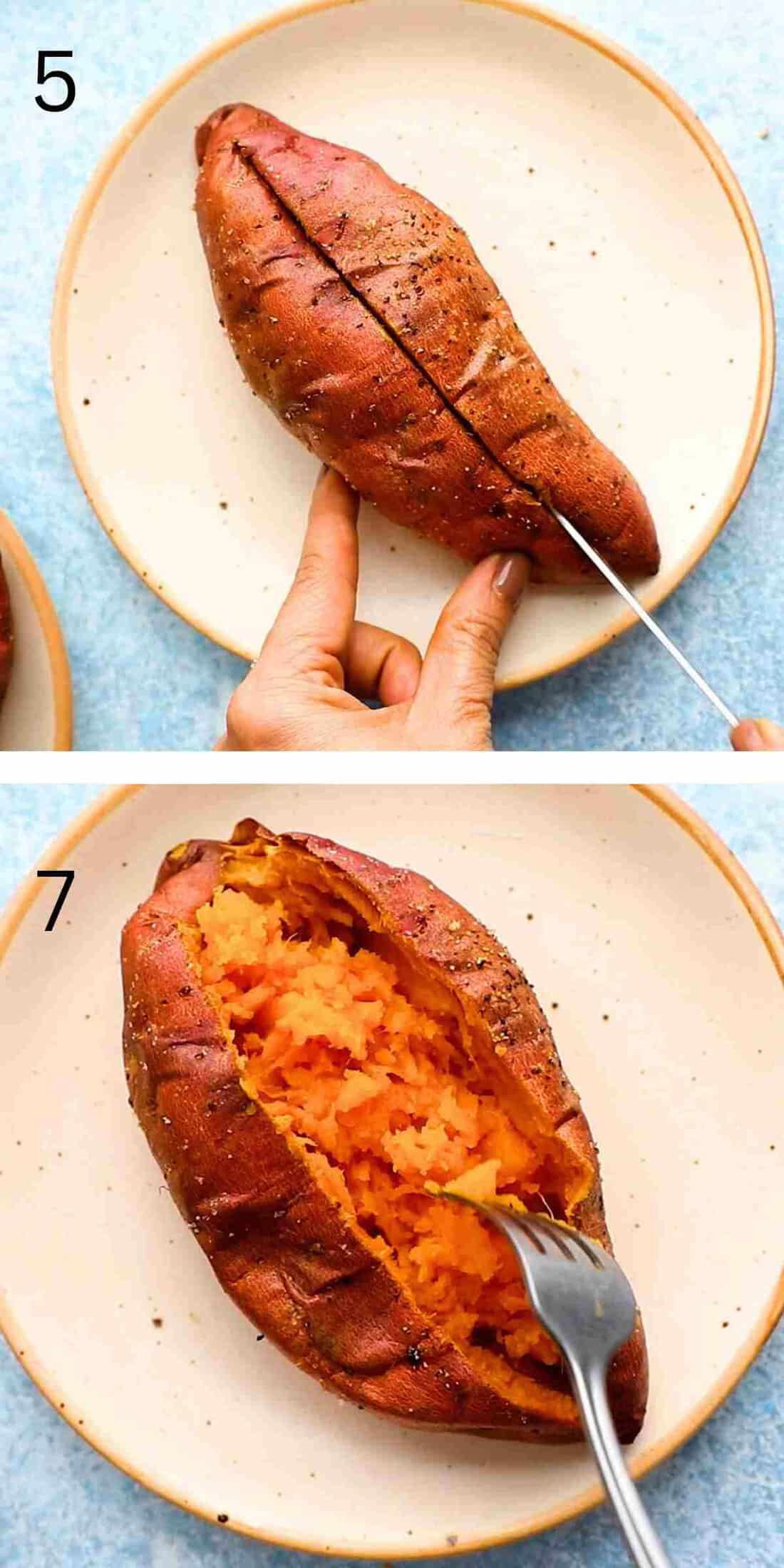 2 photo collage of a hand opening and filling a cooked sweet potato with toppings.