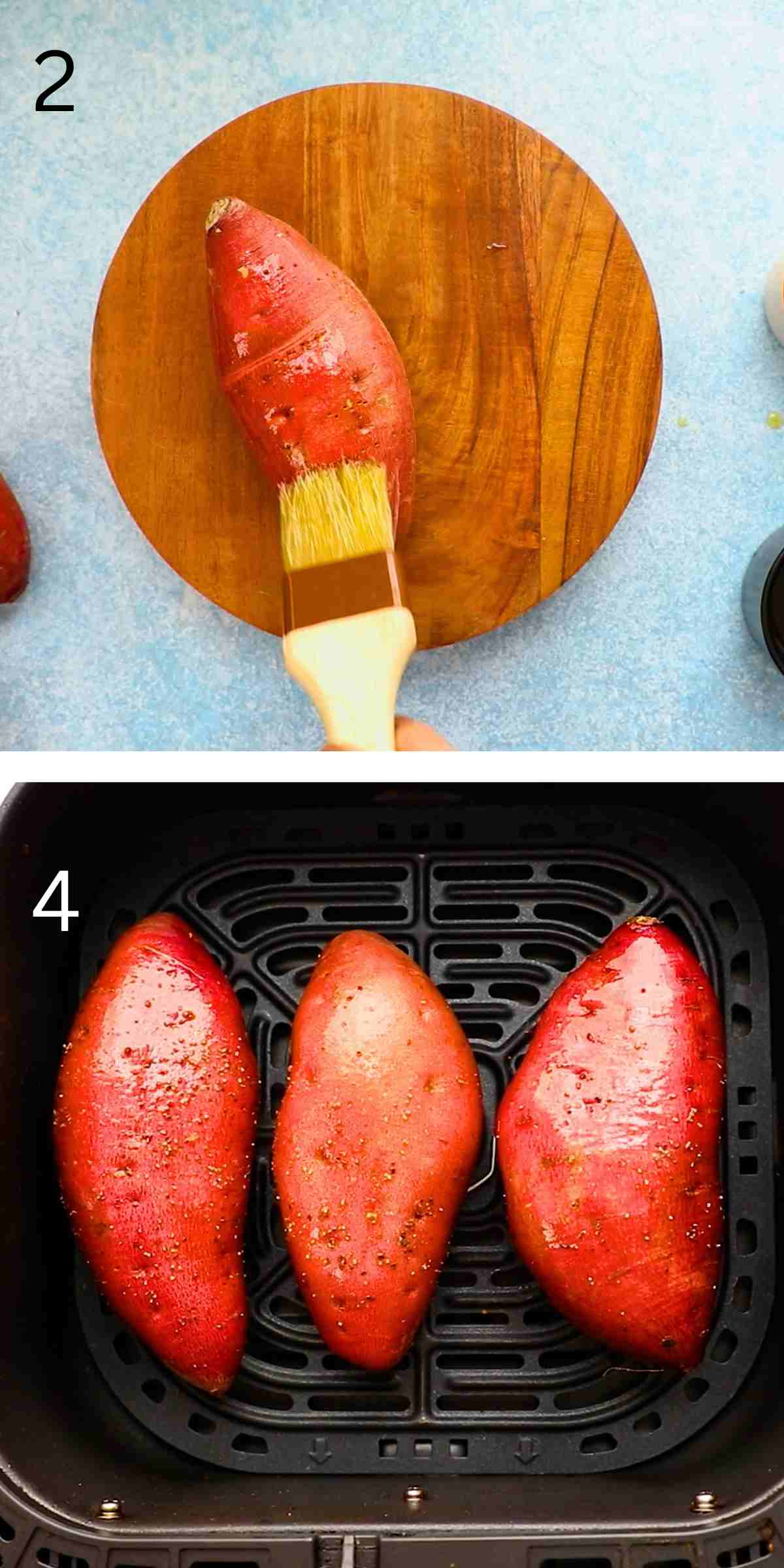 2 photo collage of prepping and placing sweet potatoes in an air fryer basket.