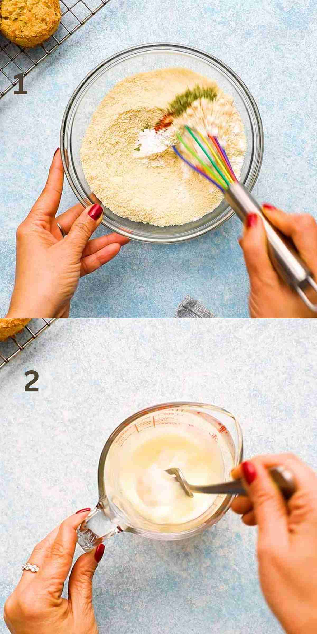 2 photo collage of mixing wet and dry ingredients.