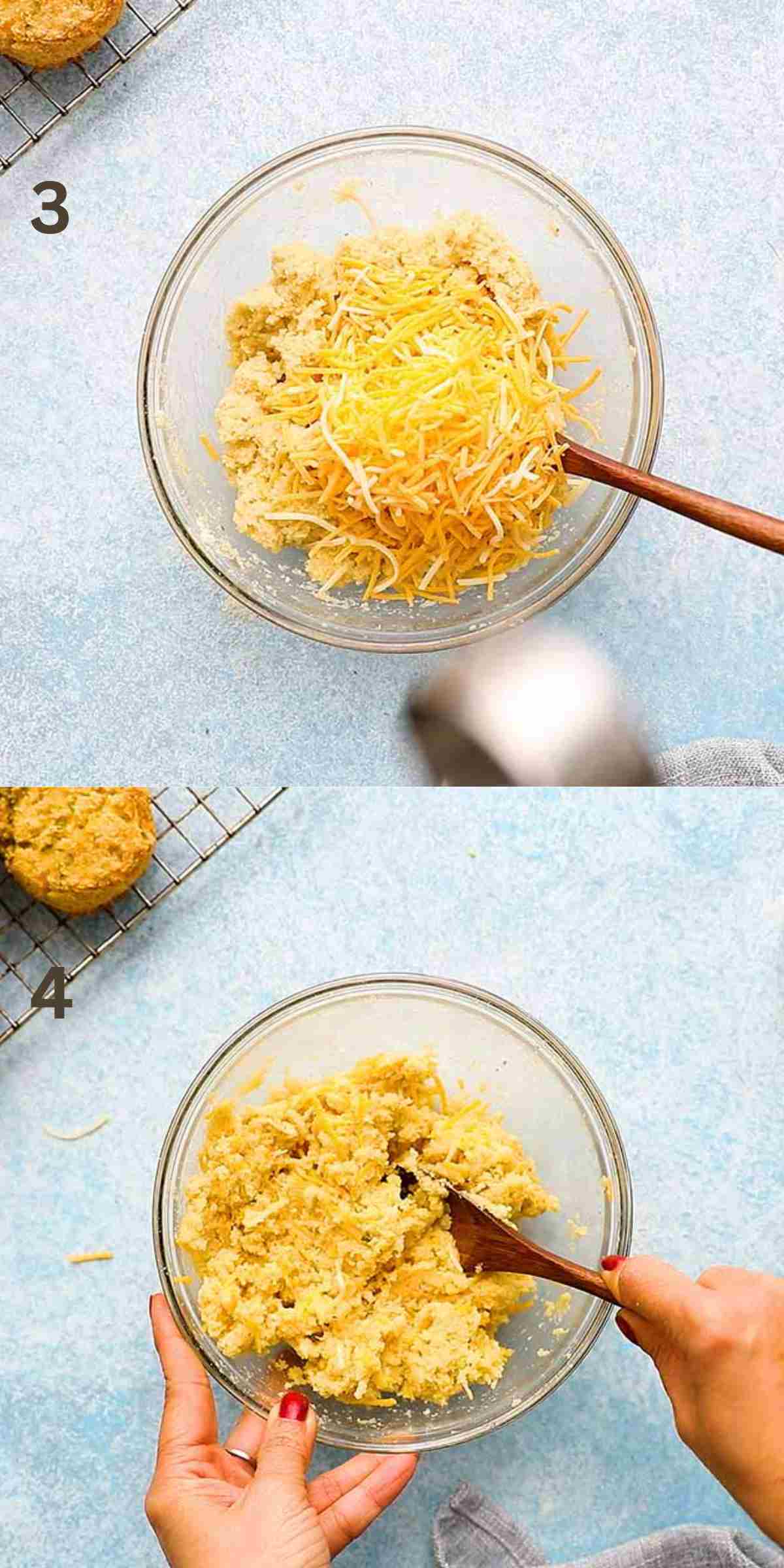 2 photo collage of mixing biscuit dough in a glass bowl.