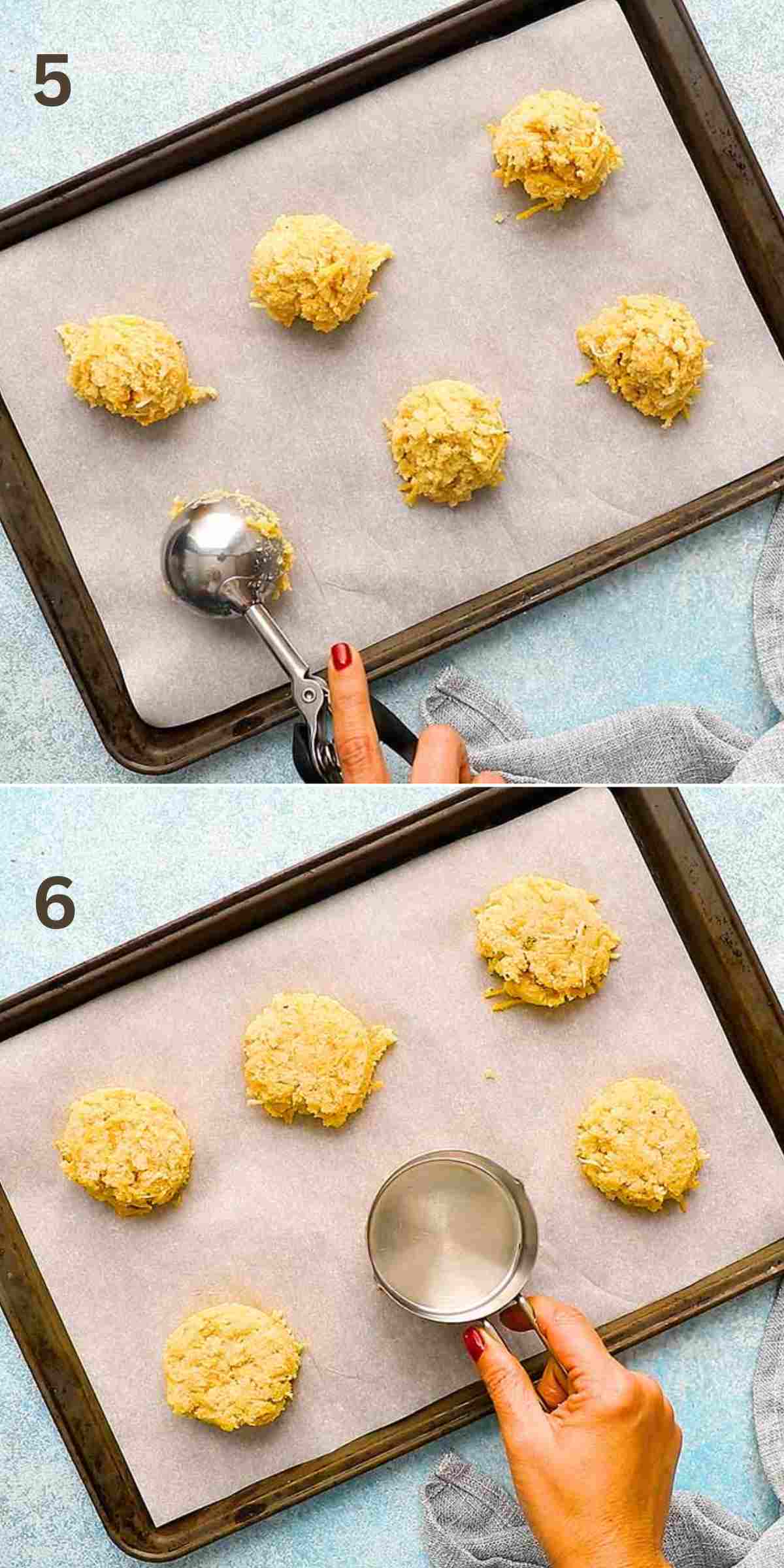 2 photo collage of scooping biscuit dough onto a baking sheet. 