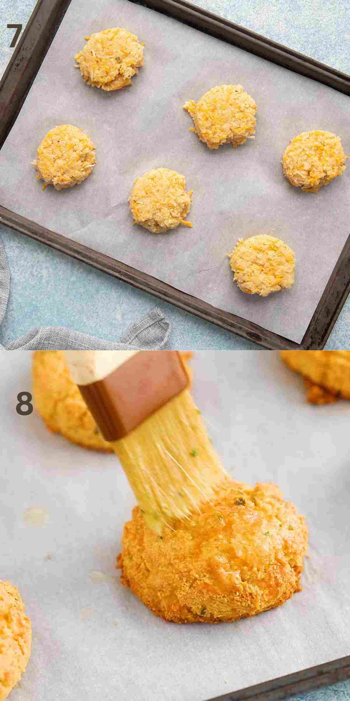 2 photo collage of baked biscuits on a baking sheet.