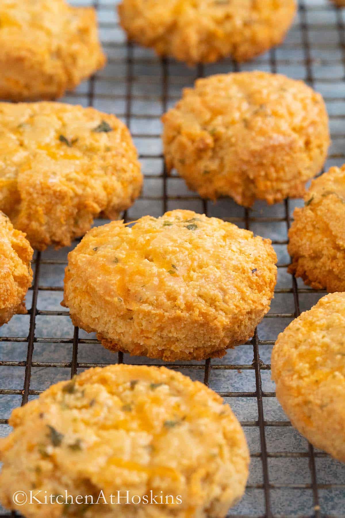 cheddar bay biscuits on a wire rack.