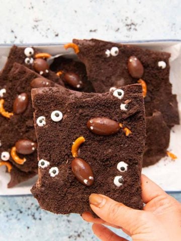 a hand holding a piece of hallowen chocolate bark.