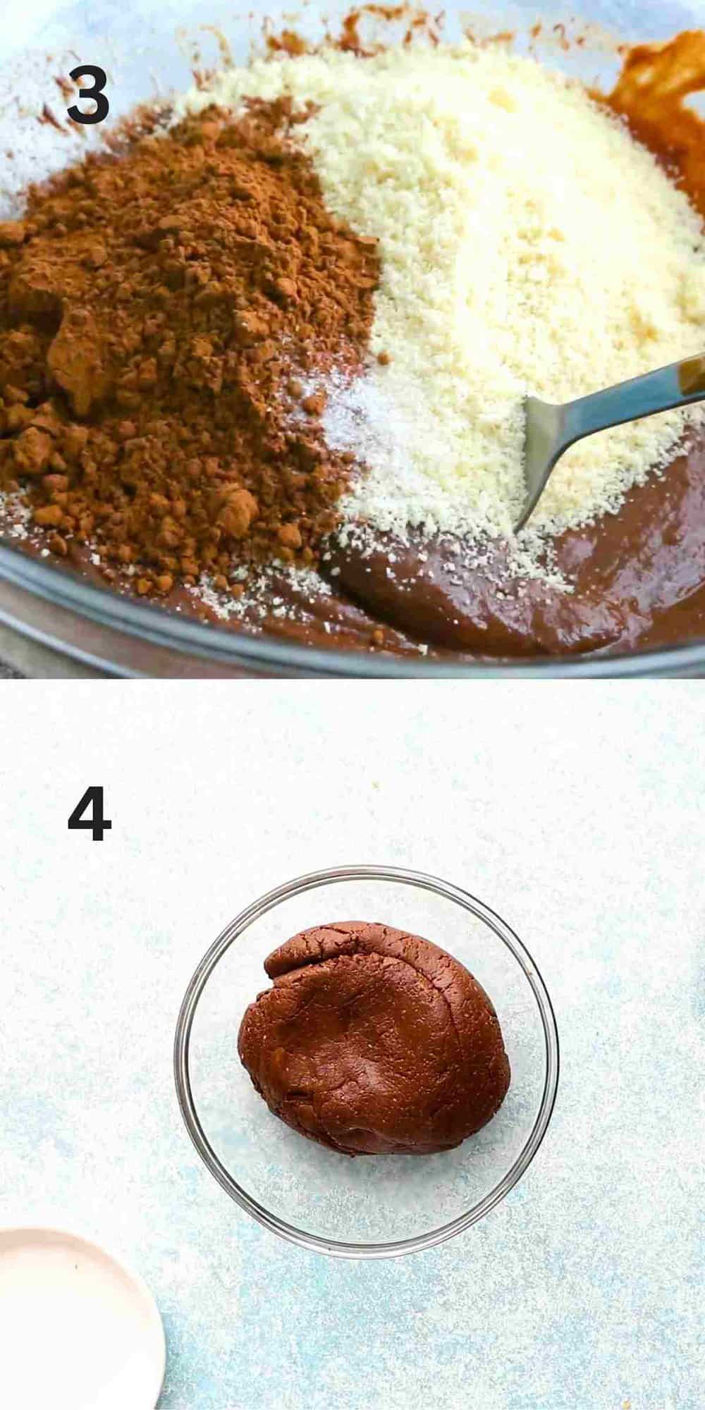 2 photo collage of mixing no-bake chocolate dough ball.